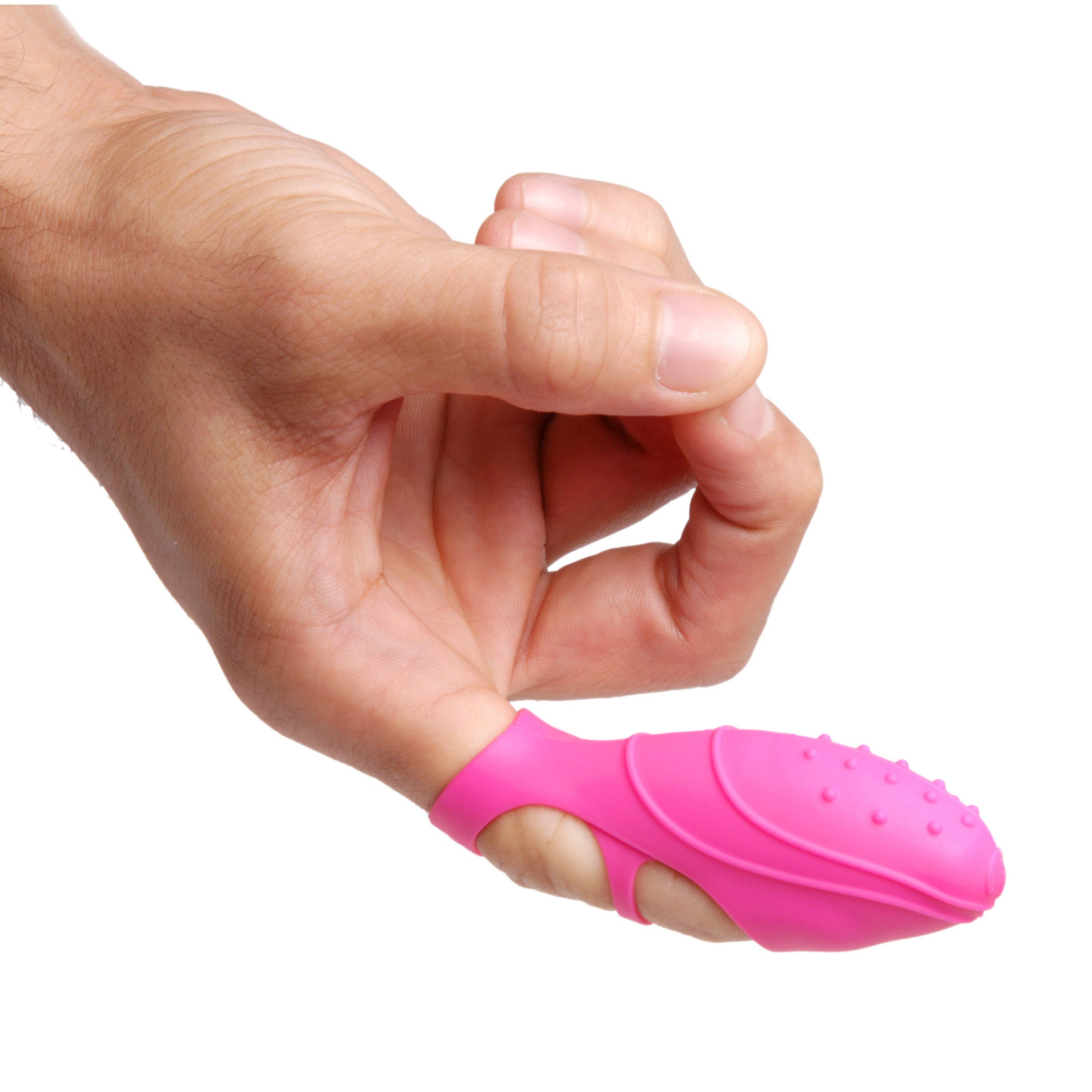 Close-up of a silicone G-spot finger vibrator held in hand