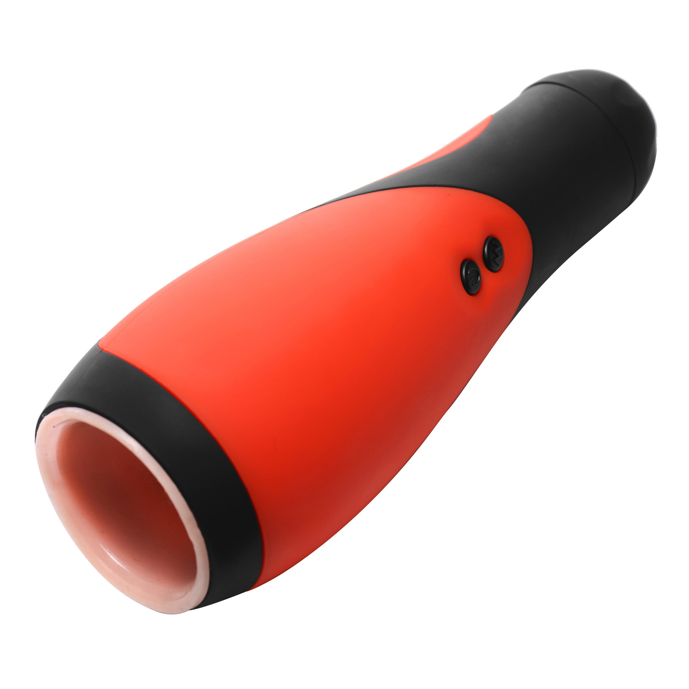 Close-up of the red and black Vibra Head Bionic Auto Stroker with ergonomic handle