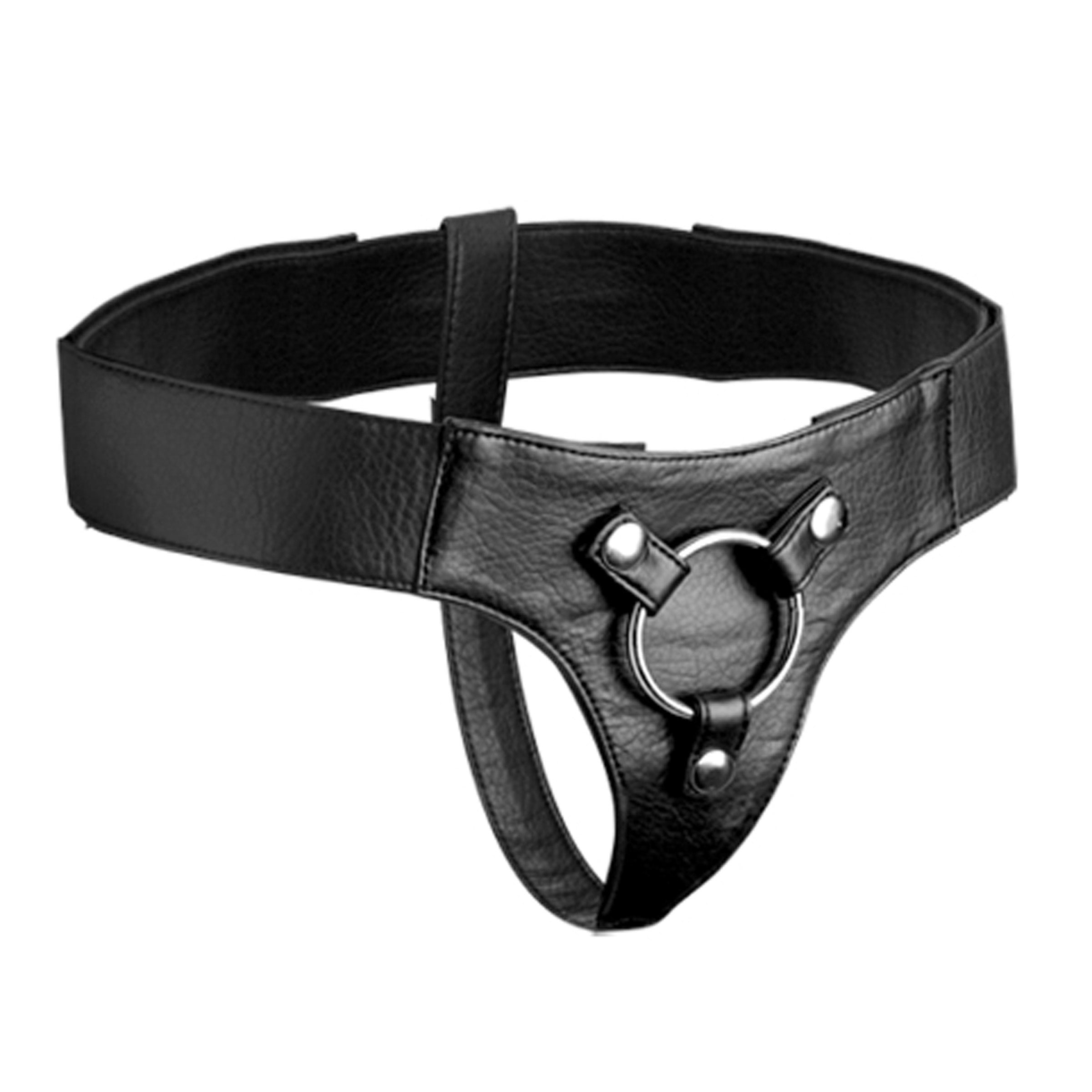 Close-up of Domina Wide Band Strap On Harness with metal ring detail