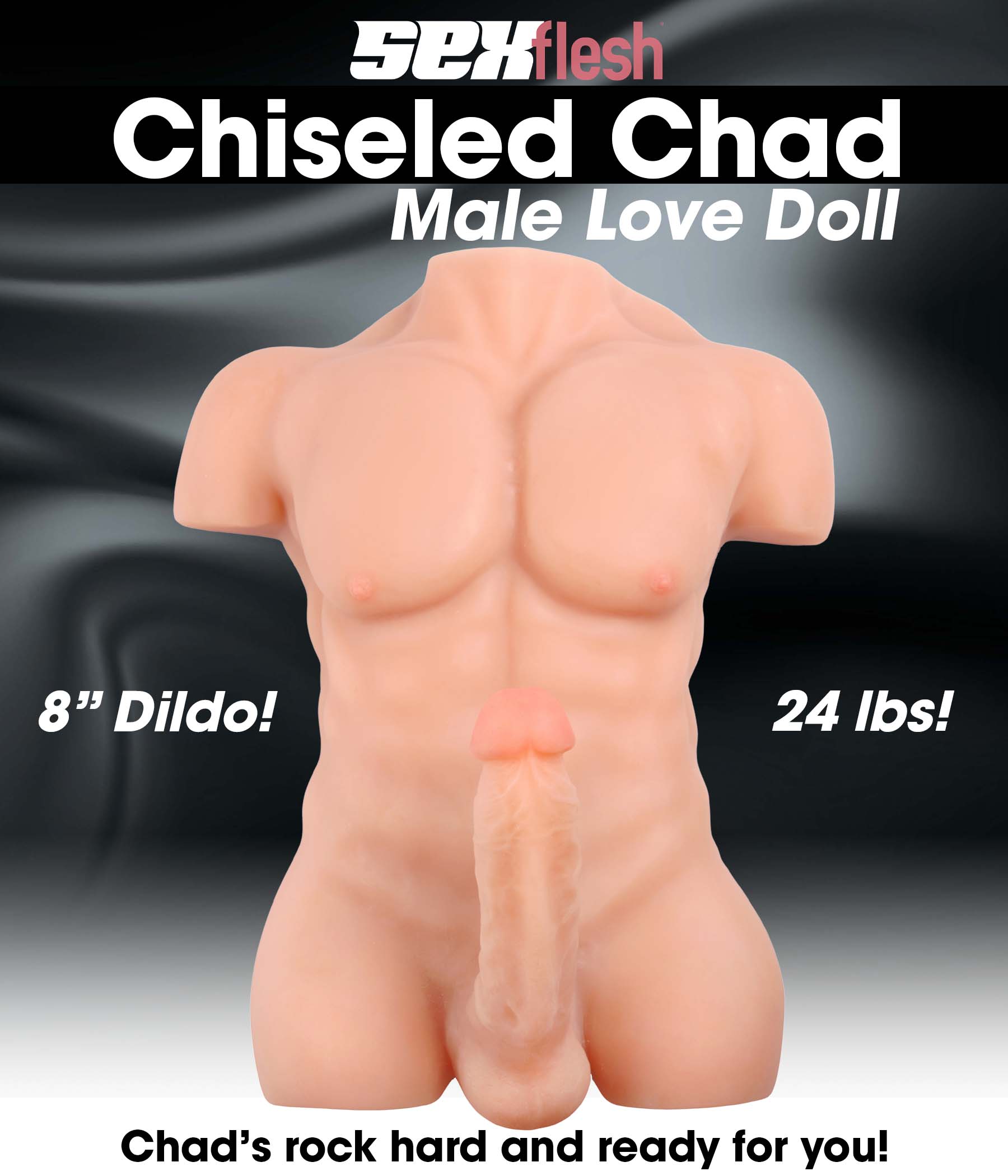 Full view of the Chiseled Chad Male Love Doll with muscular detailing