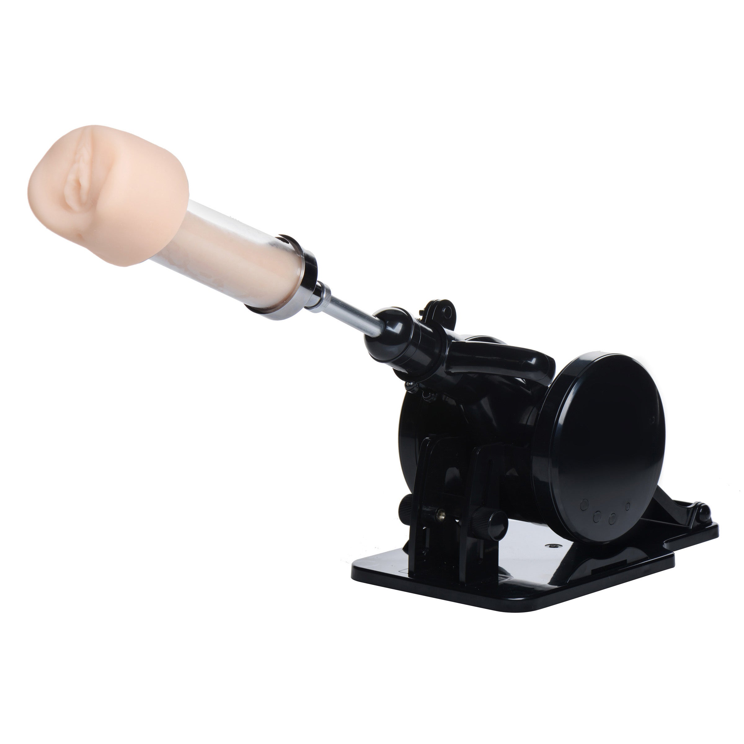 Sex machine featuring a realistic attachment and black and white design