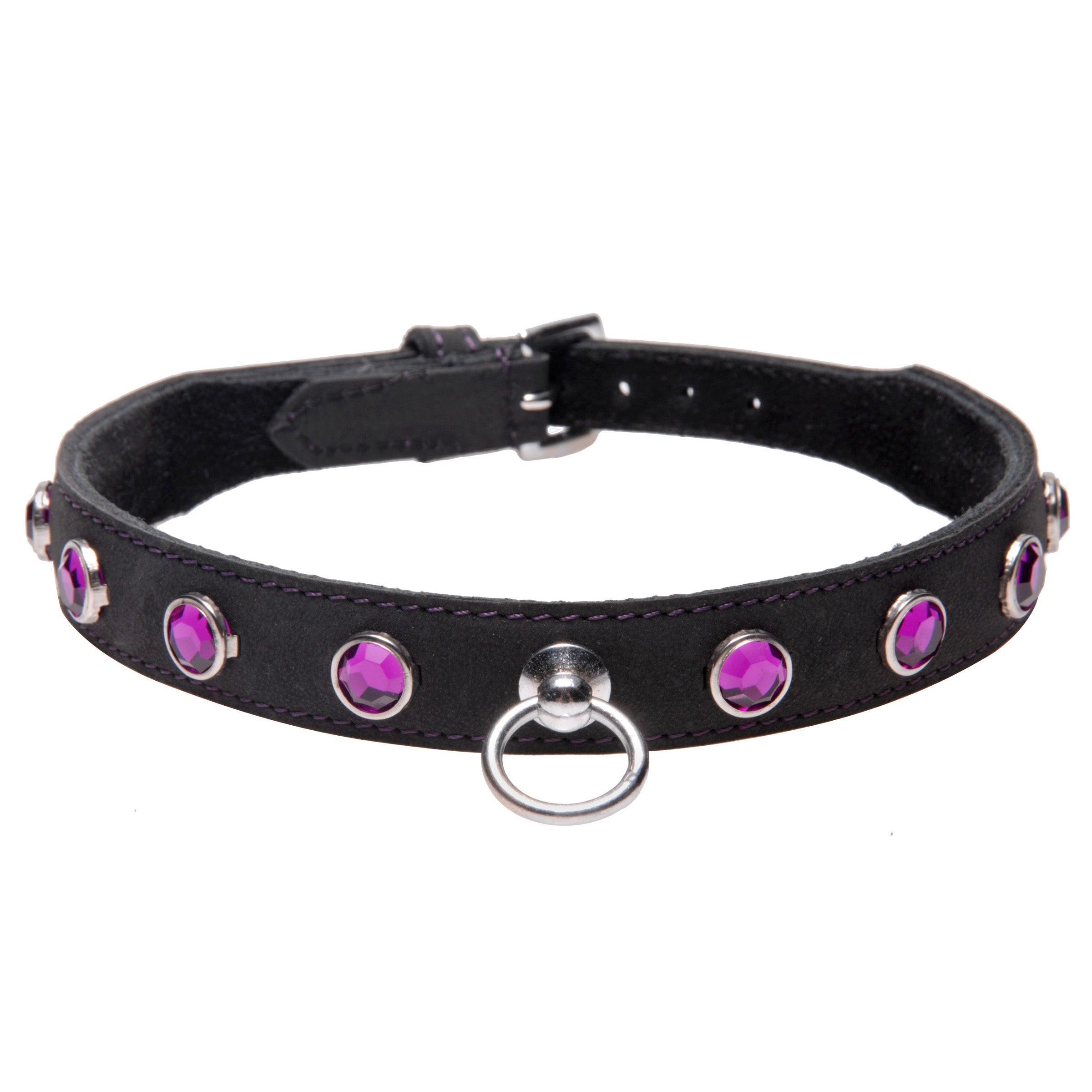 Elegant black leather collar embellished with sparkling purple rhinestones