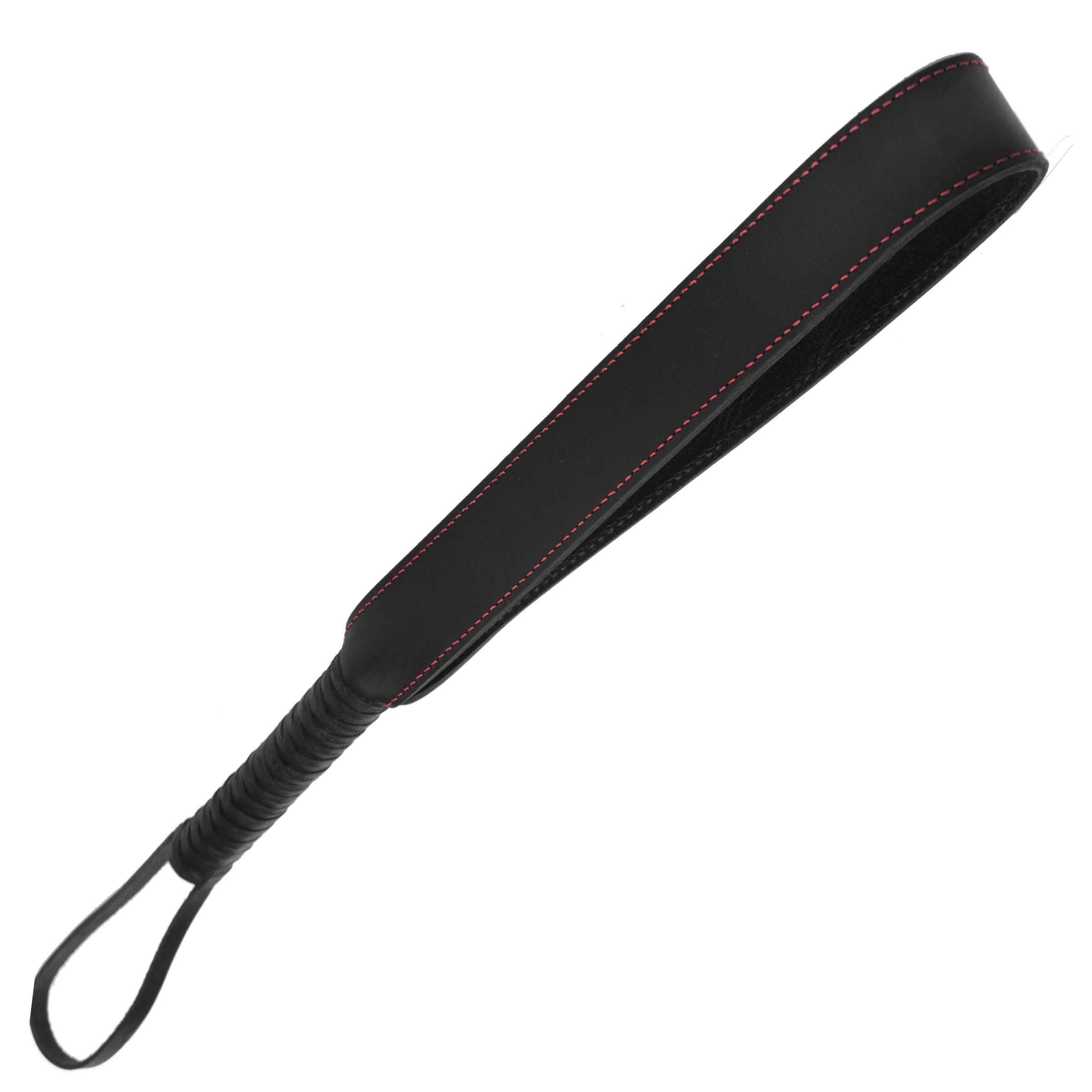 A black leather slapper with looped handle and red stitching