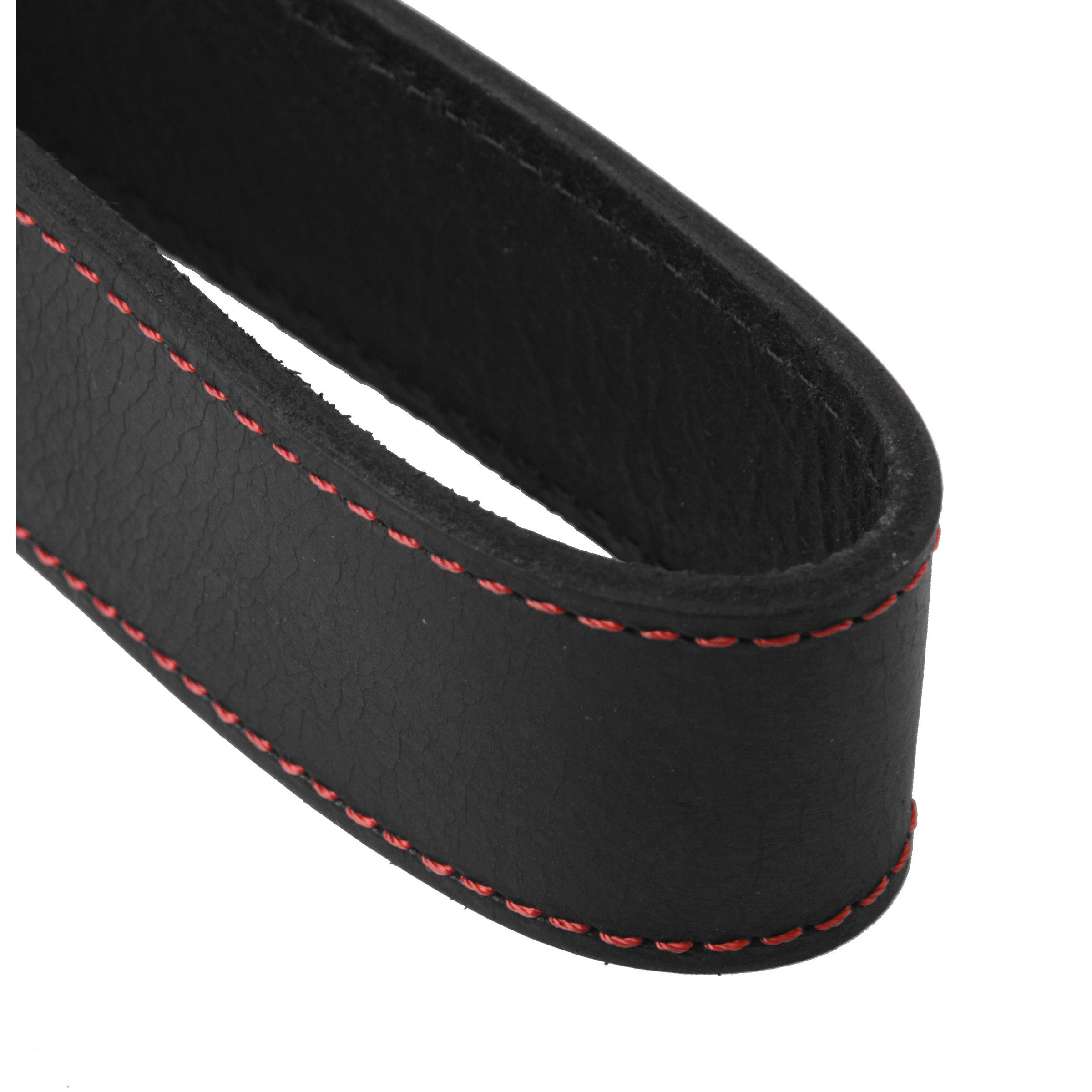 Close-up of a looped leather slapper with red stitching detail