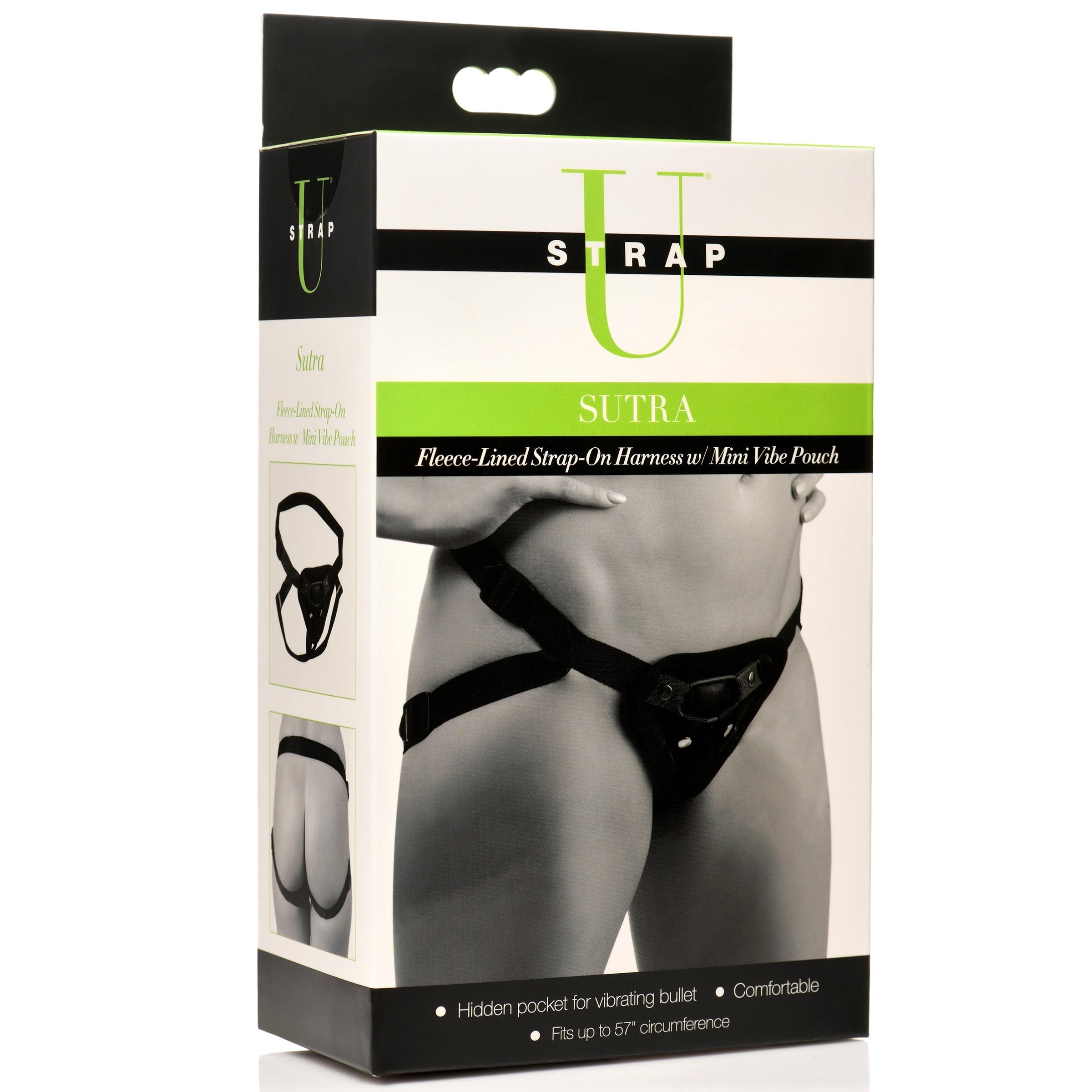 Boxed product image of the Sutra fleece-lined strap-on highlighting the vibrator pouch feature