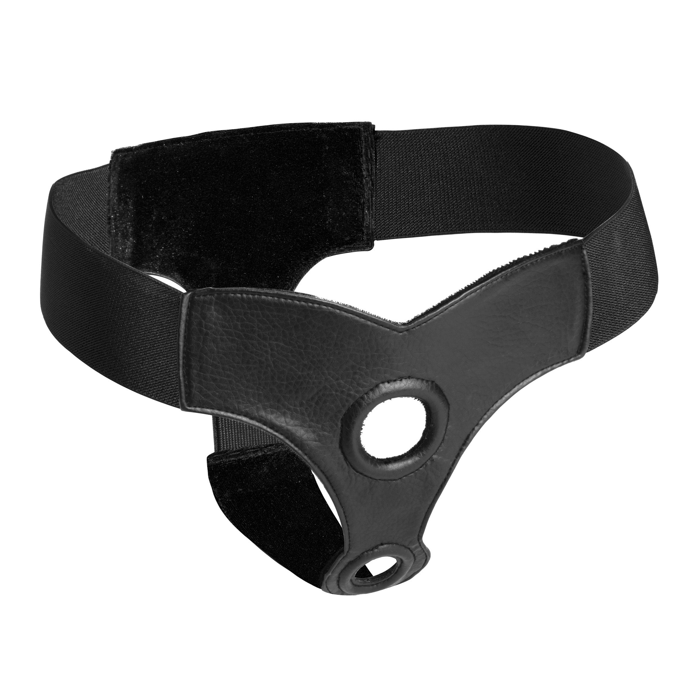 Black double penetration strap-on harness with adjustable buckles