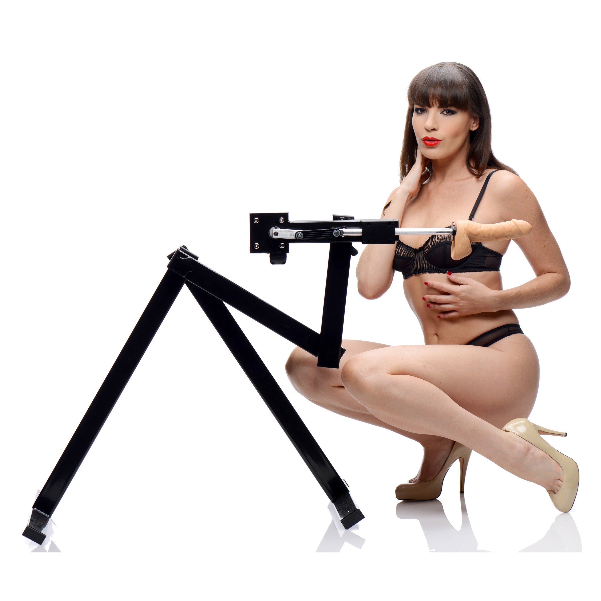 Model in lingerie demonstrating the Matrix Multi-angle Sex Machine with tripod setup