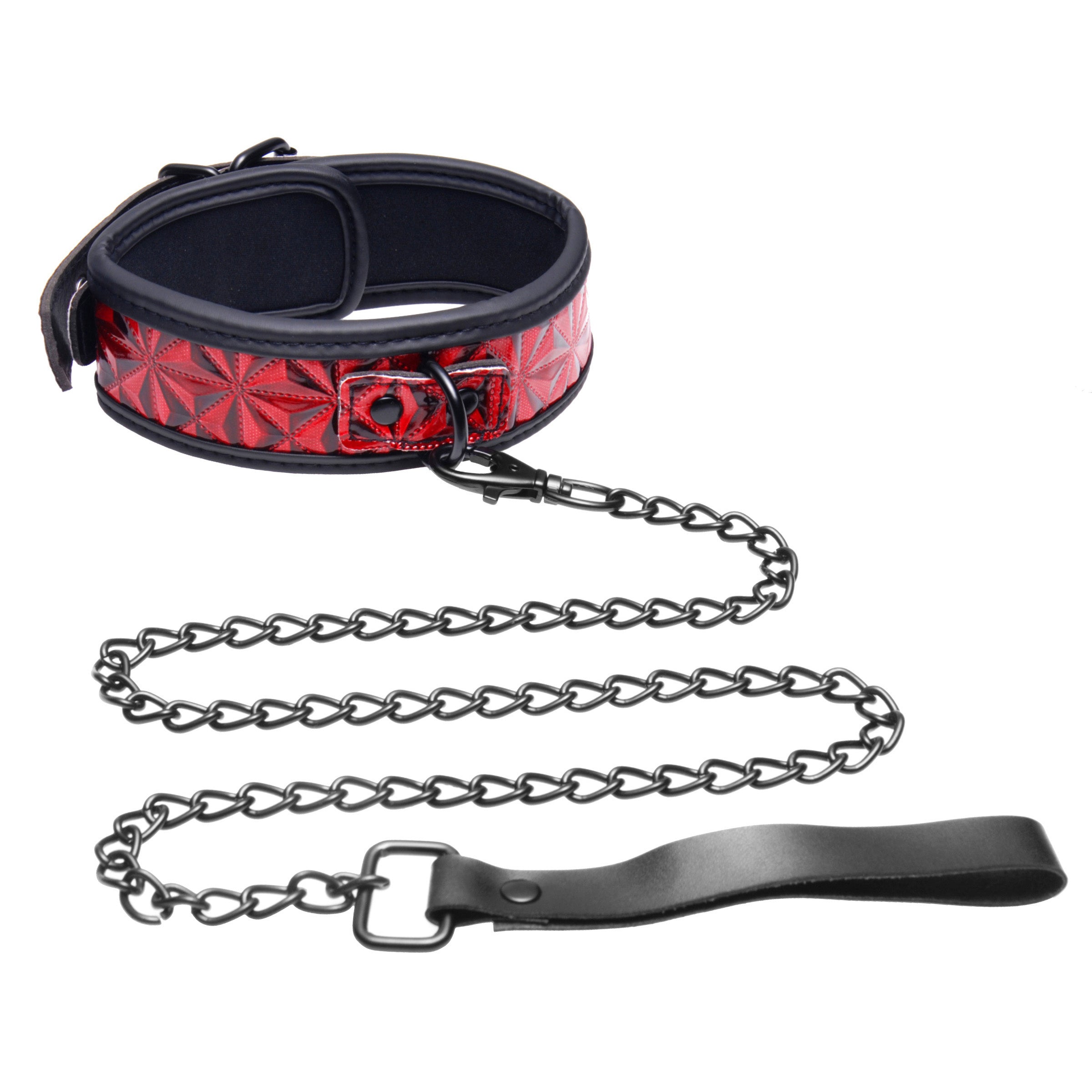 Red and black Crimson Tied leather collar with a metallic chain leash