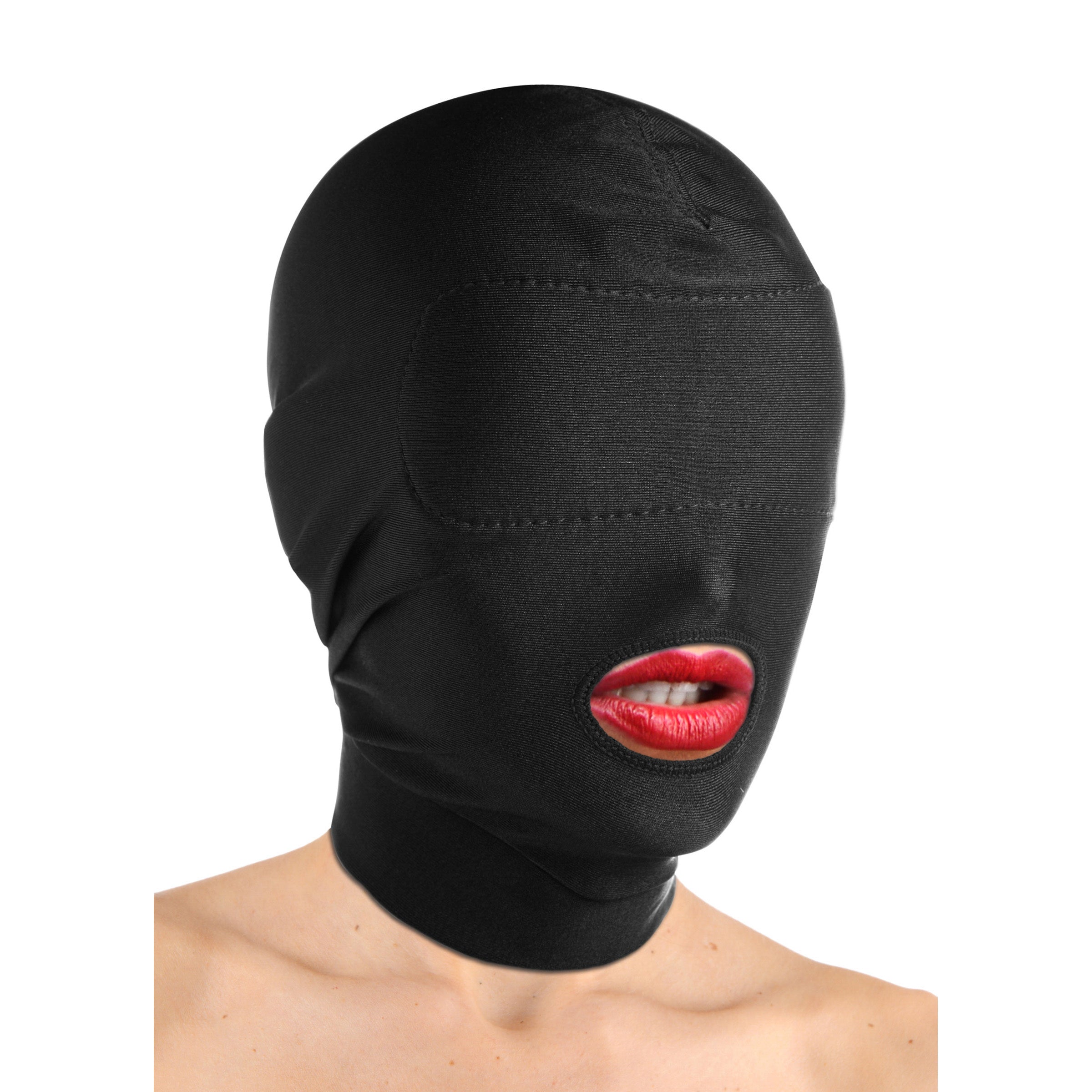 Person modeling a black hood with open mouth design and blindfold feature