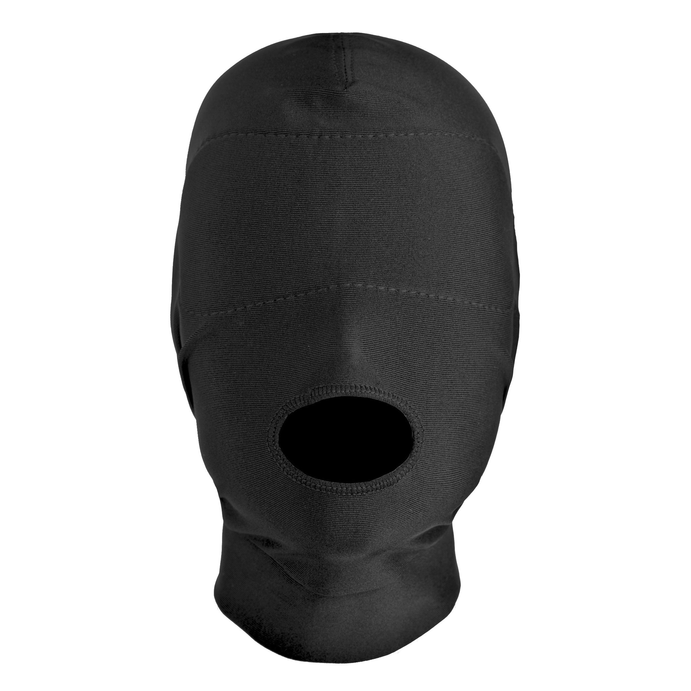 Black open mouth hood with padded blindfold and central opening