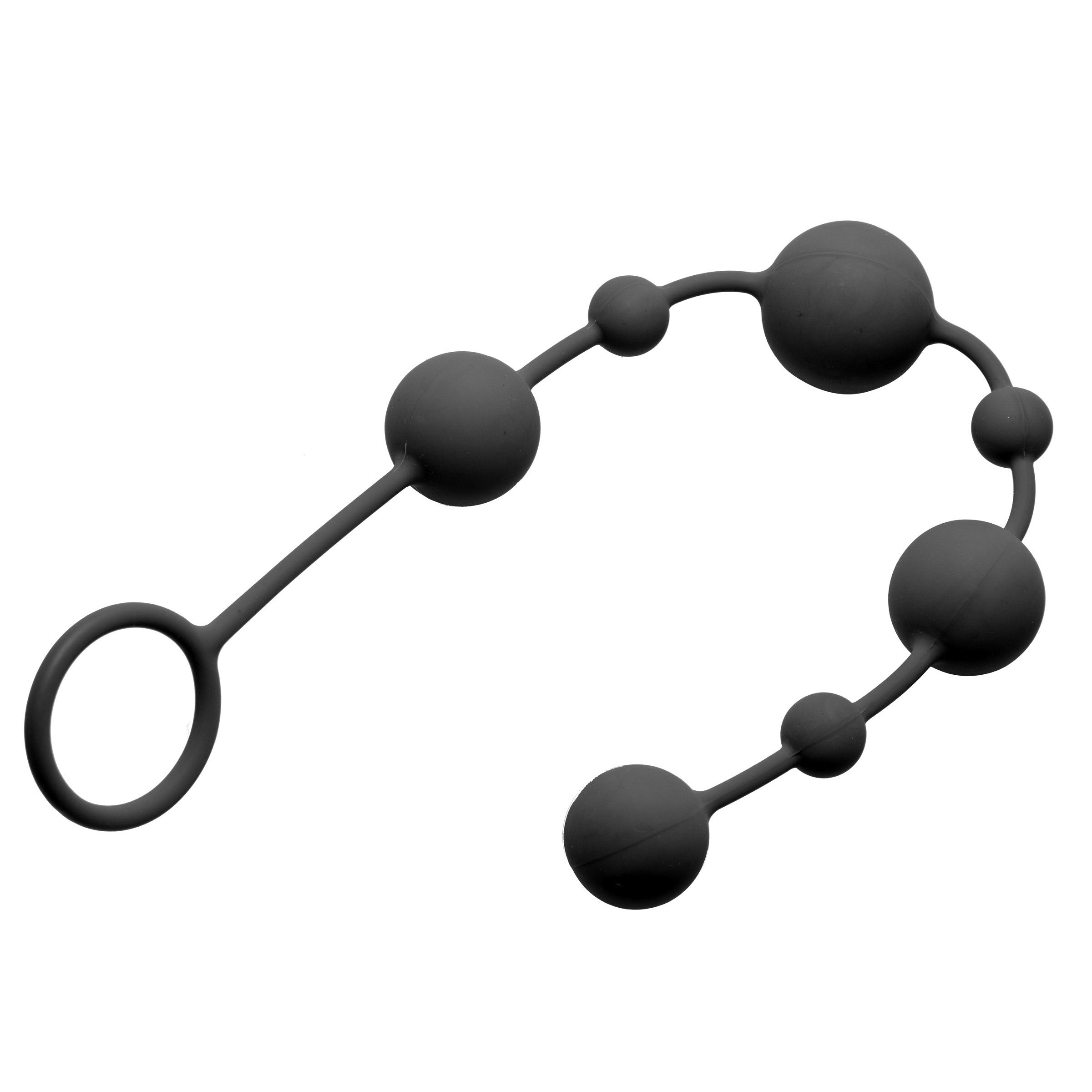 Close-up of black silicone anal beads with a tapered design