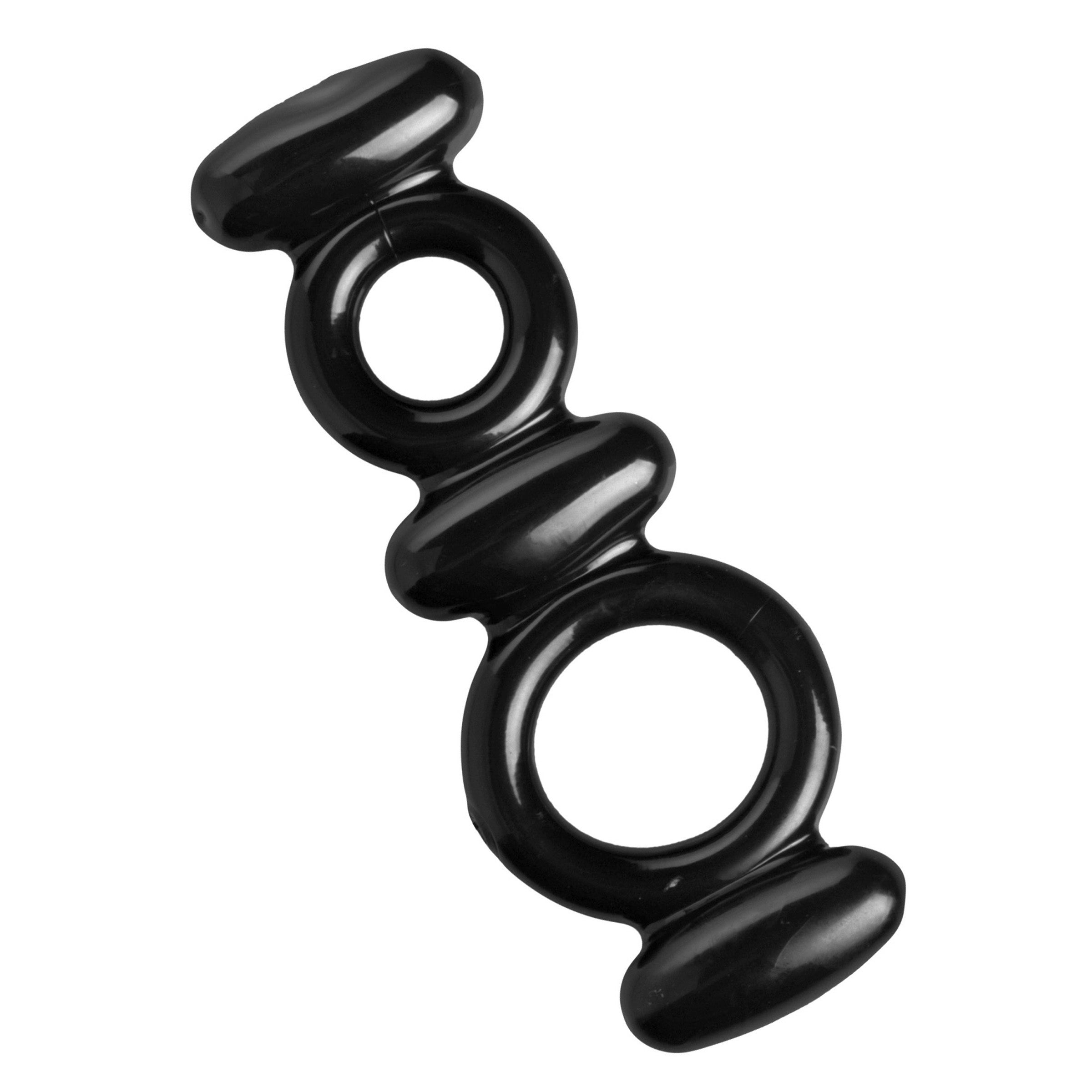 Black silicone dual ring designed for cock and ball constriction