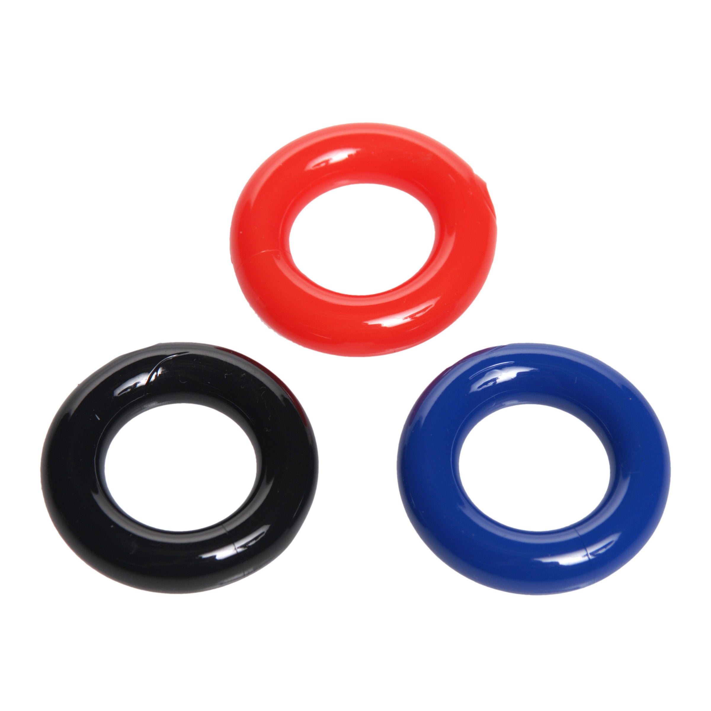 Set of three stretchy cock rings in various colors displayed on a white surface