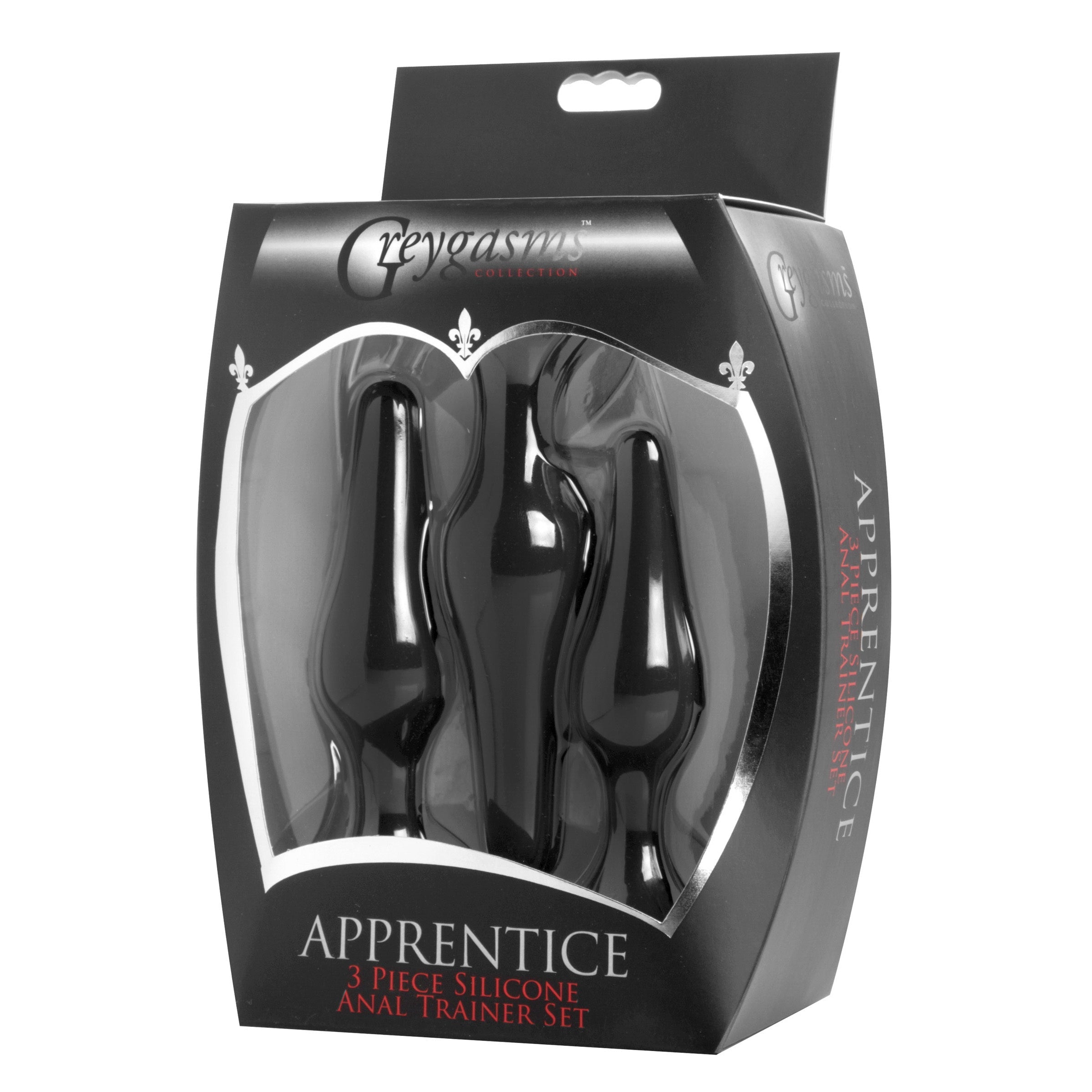 Box packaging of the Apprentice 3-piece silicone anal trainer set with black and silver design