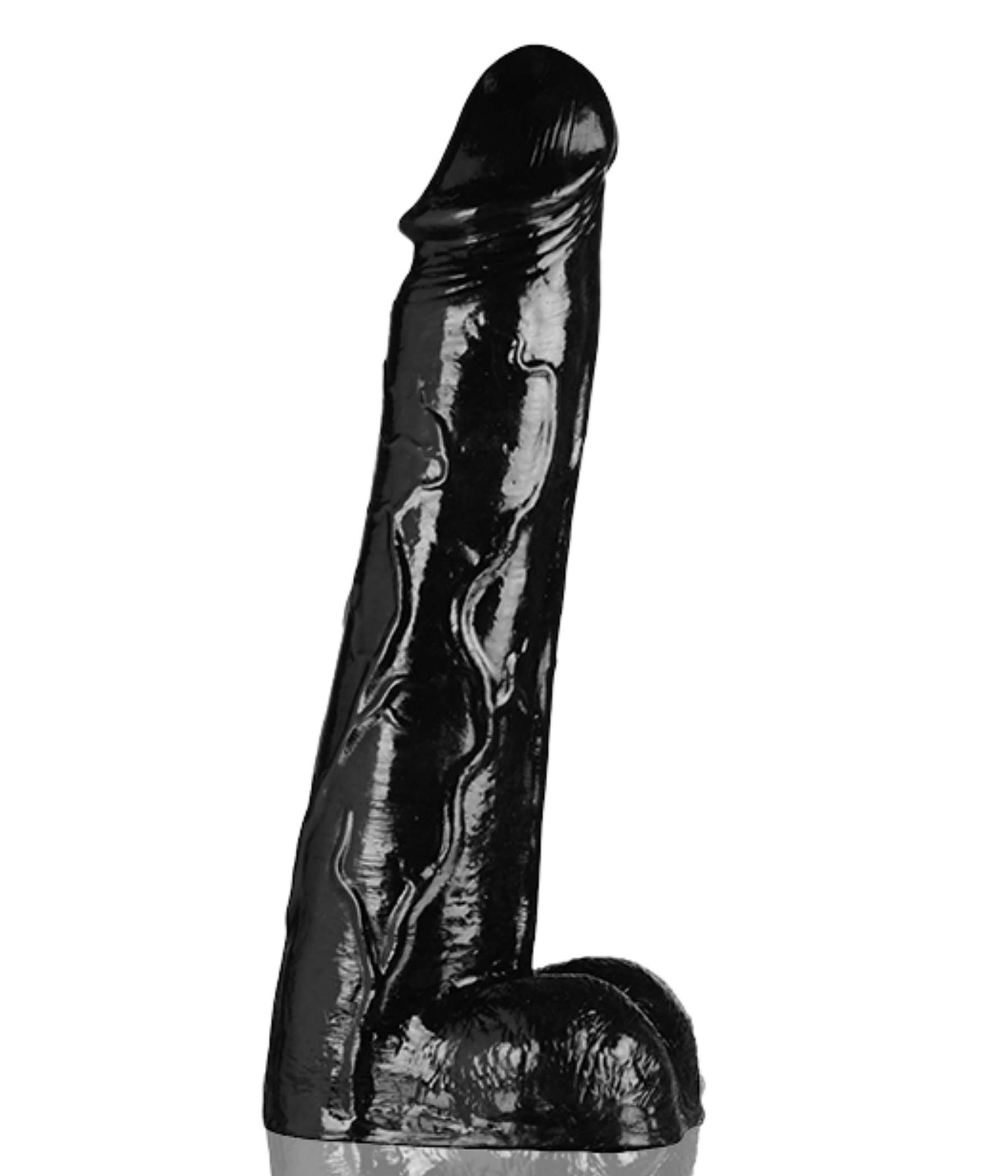 A large black silicone dildo with an extended length