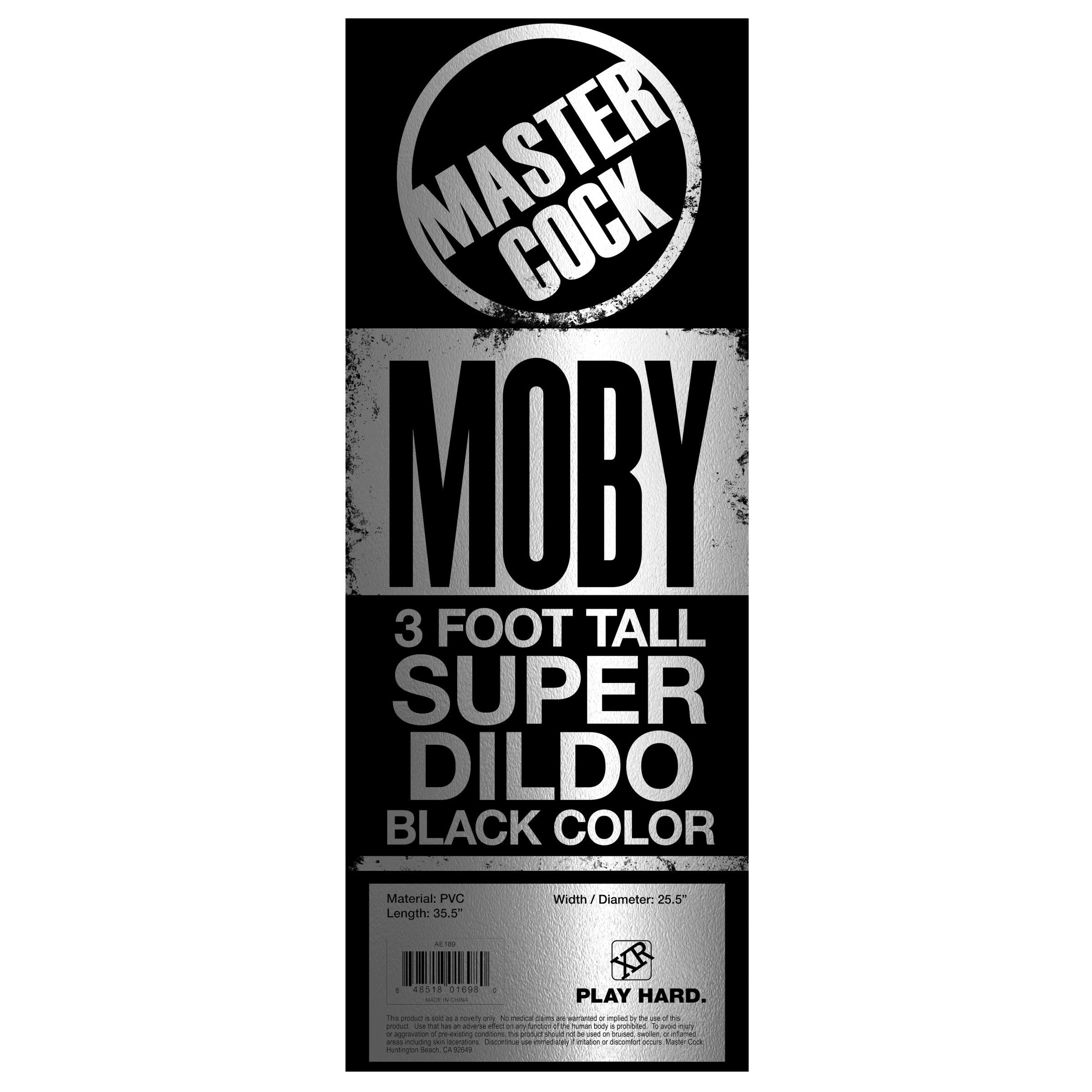 The Moby Huge 3-foot black dildo displayed with branding