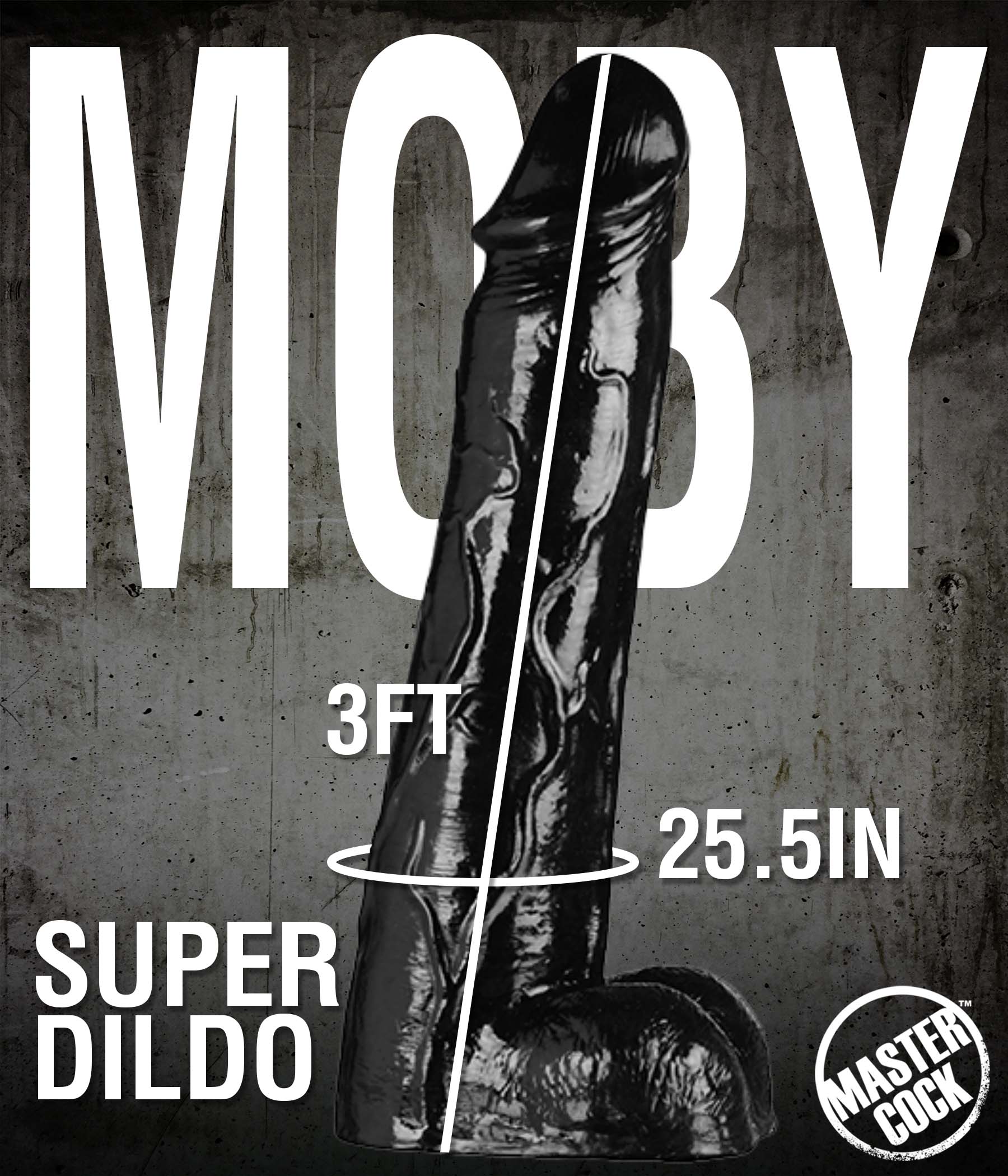 Advertisement showcasing the Moby Huge 3 Foot Tall Super Dildo in black