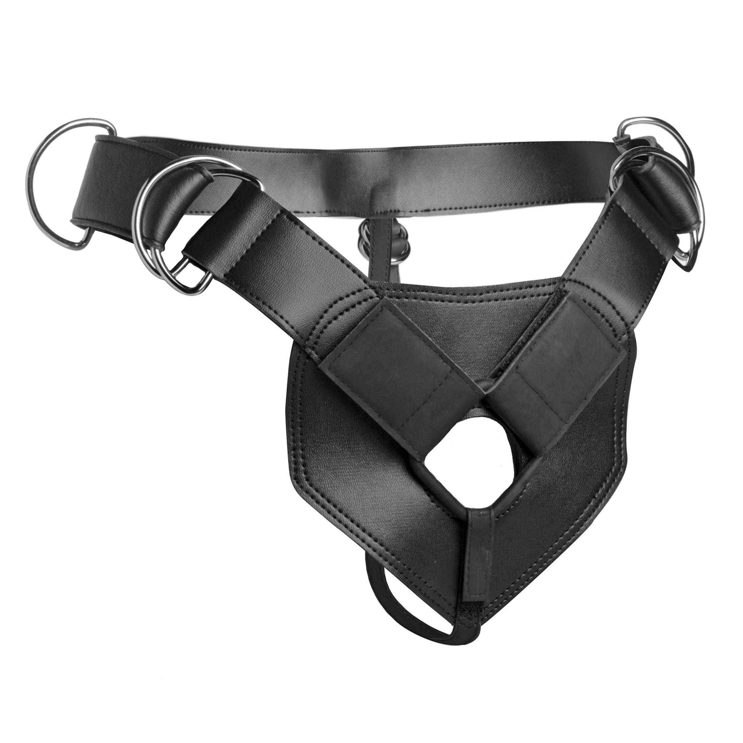 Detail of black leather strap-on harness craftsmanship