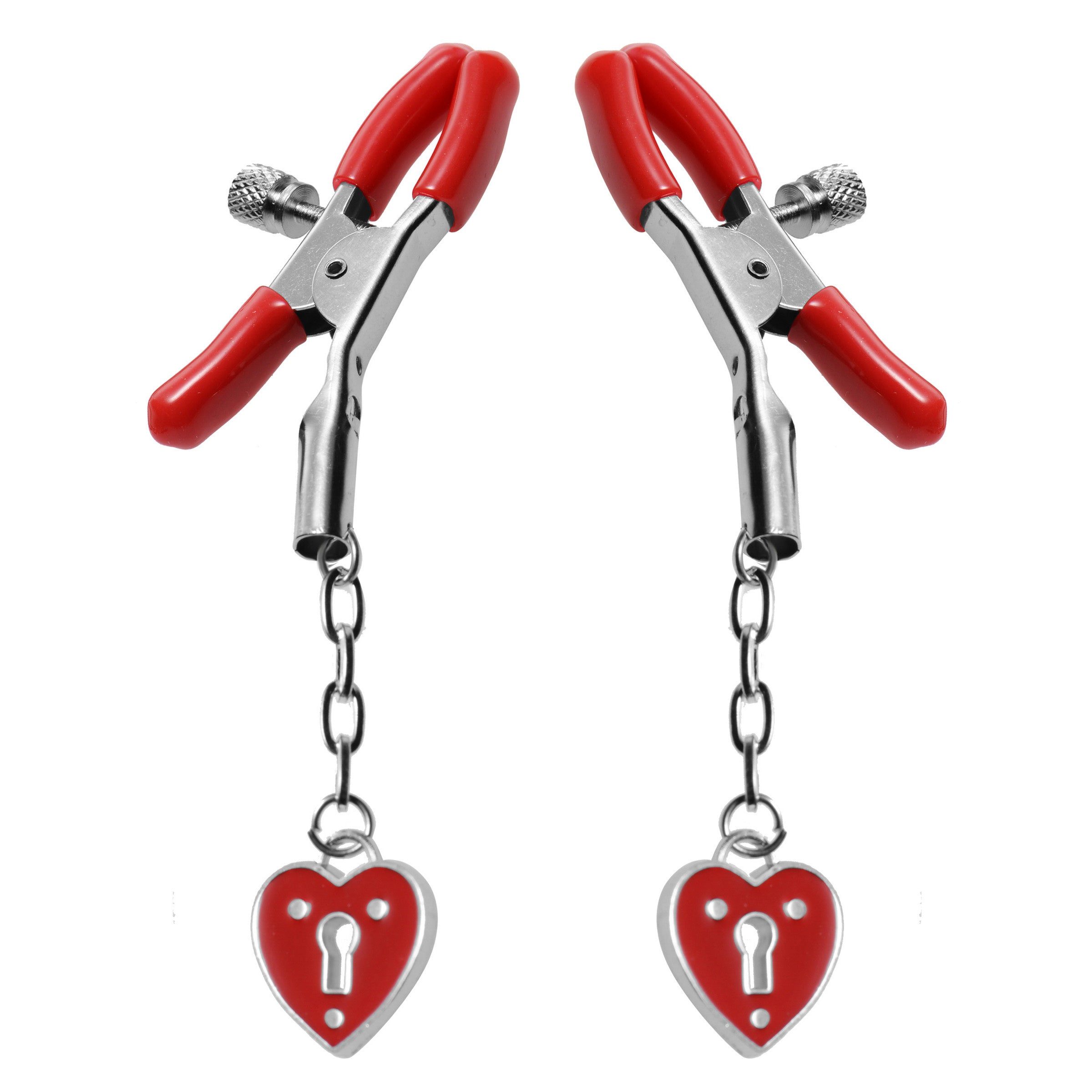 Detail of the heart-shaped padlock design on nipple clamps