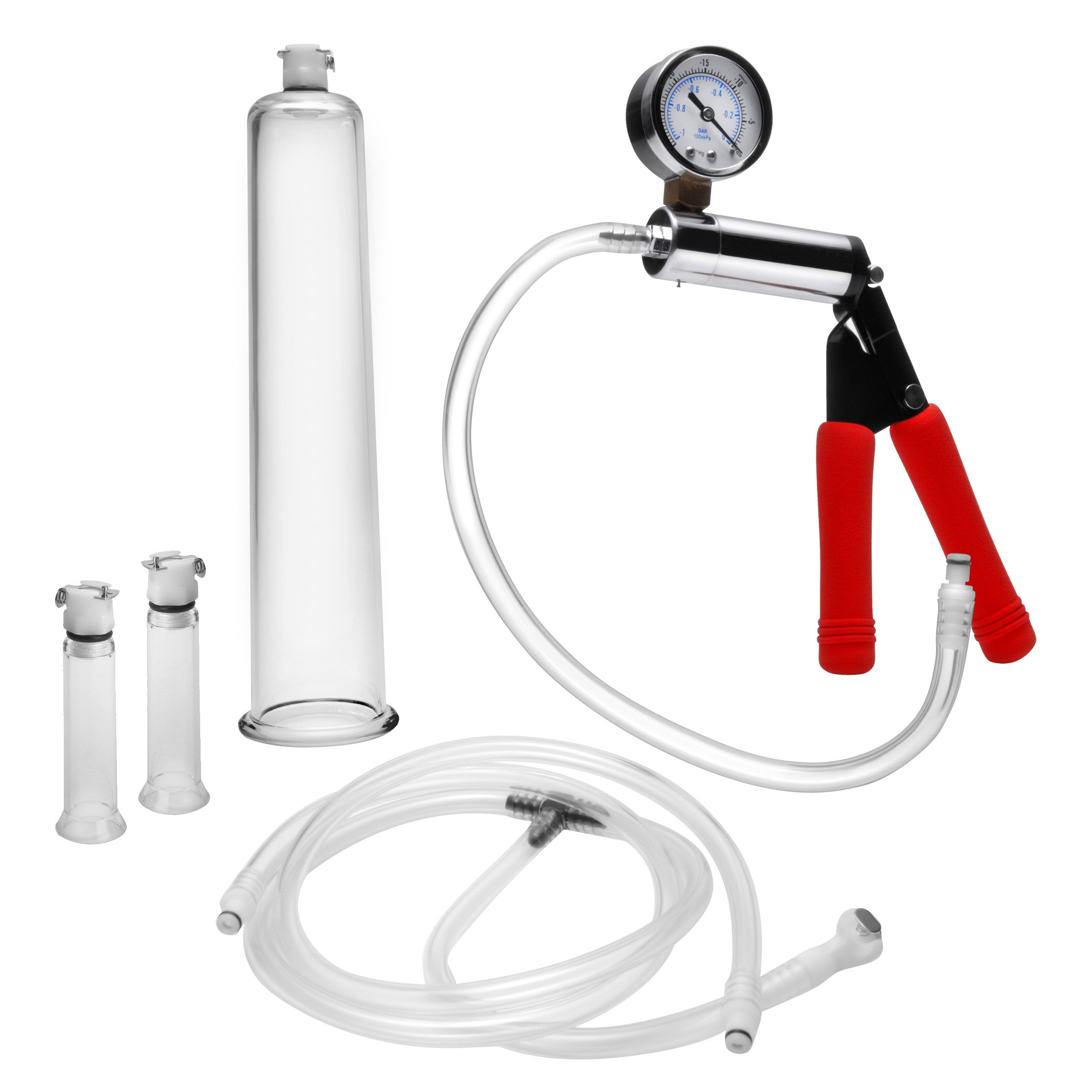 Accessories of the Super Deluxe Pumping Kit including a pressure gauge and flexible hose