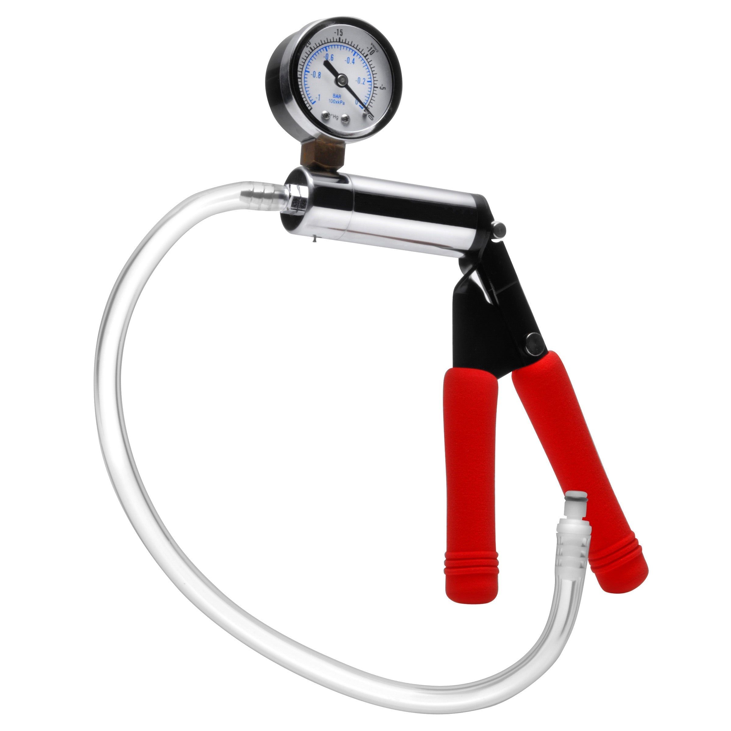 Close-up of the Super Deluxe Pumping Kit's pressure gauge attached to a hose