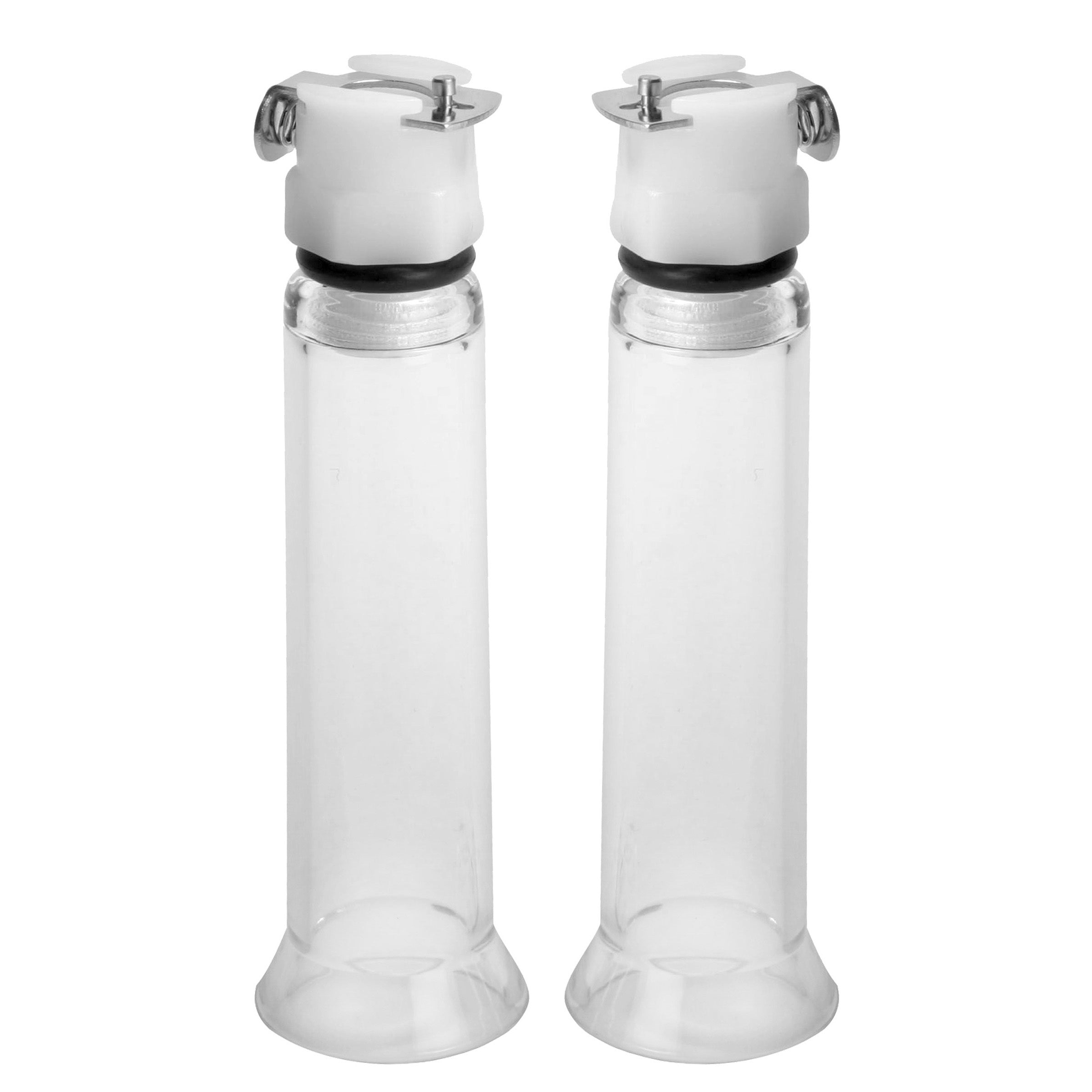 Pair of cylindrical containers from the Super Deluxe Pumping Kit with black grips