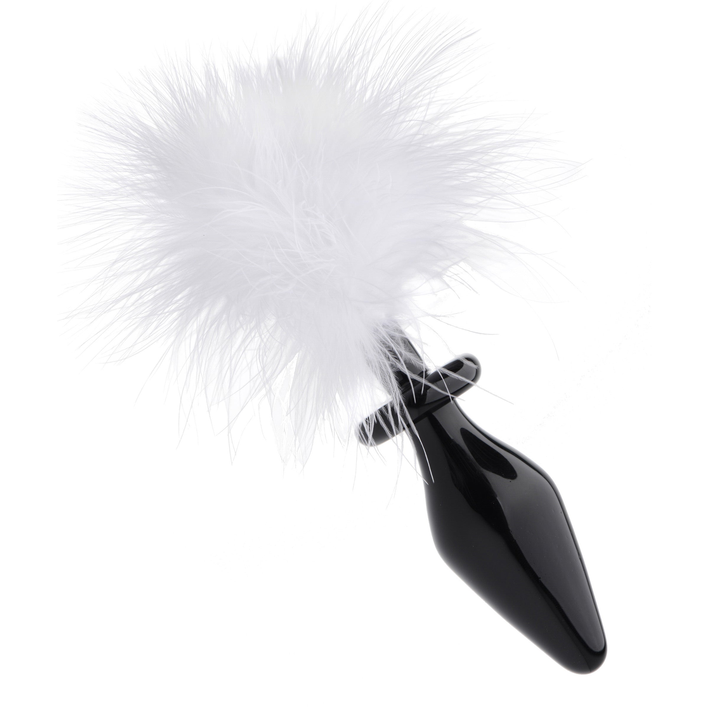 Close-up view of the Fluffer Bunny Tail Glass Anal Plug with its white faux fur tail