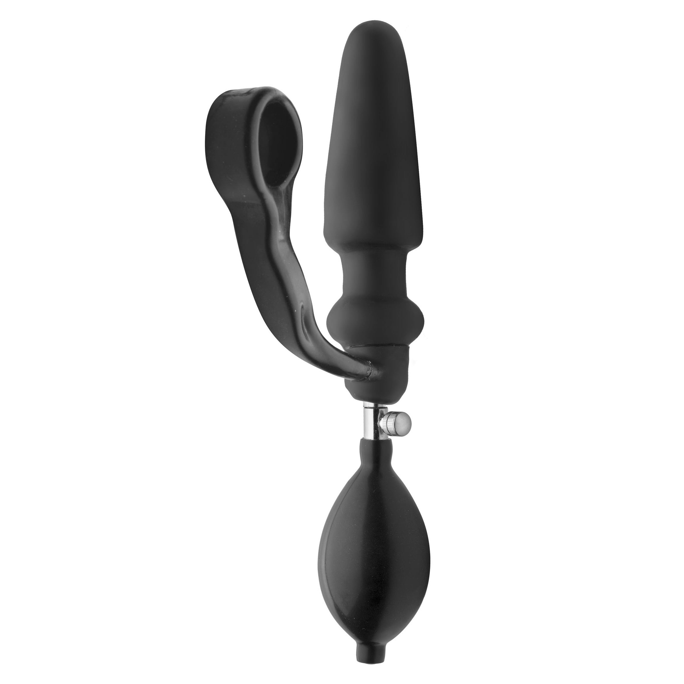 Inflatable anal plug with attached cock ring and removable hand pump