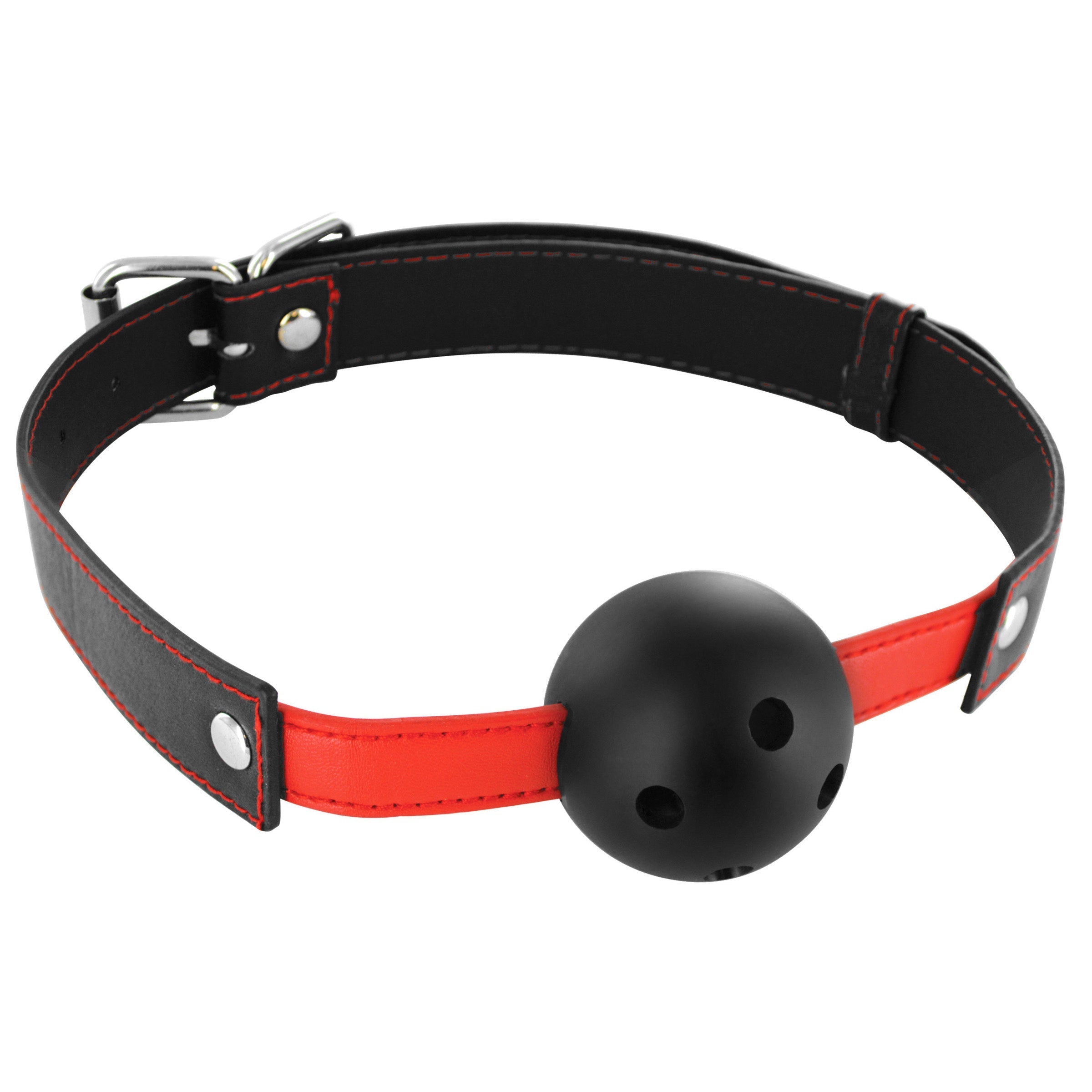 Close-up of the Subdue Me Breathable Ball Gag with black and red design