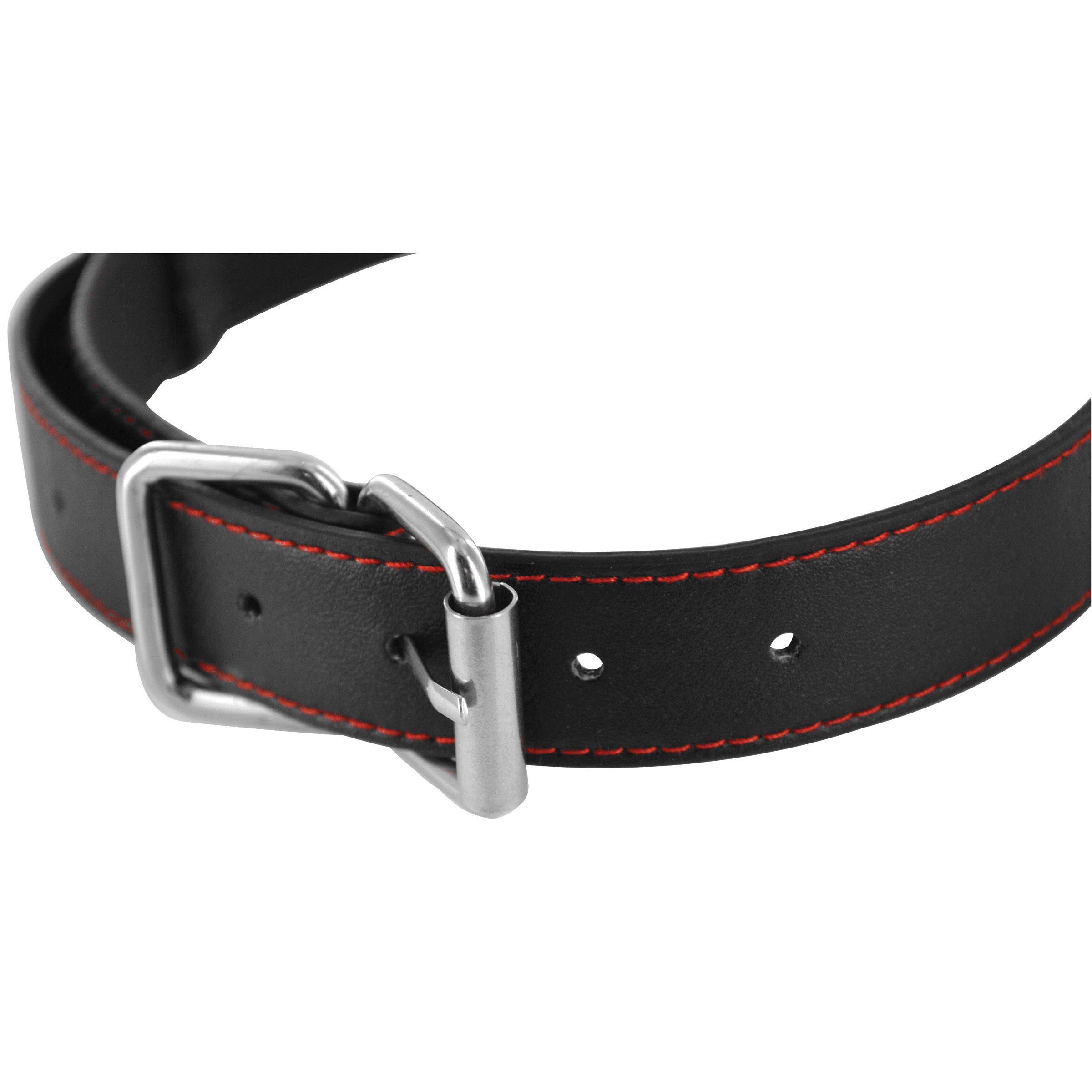 A black and red breathable ball gag with adjustable strap