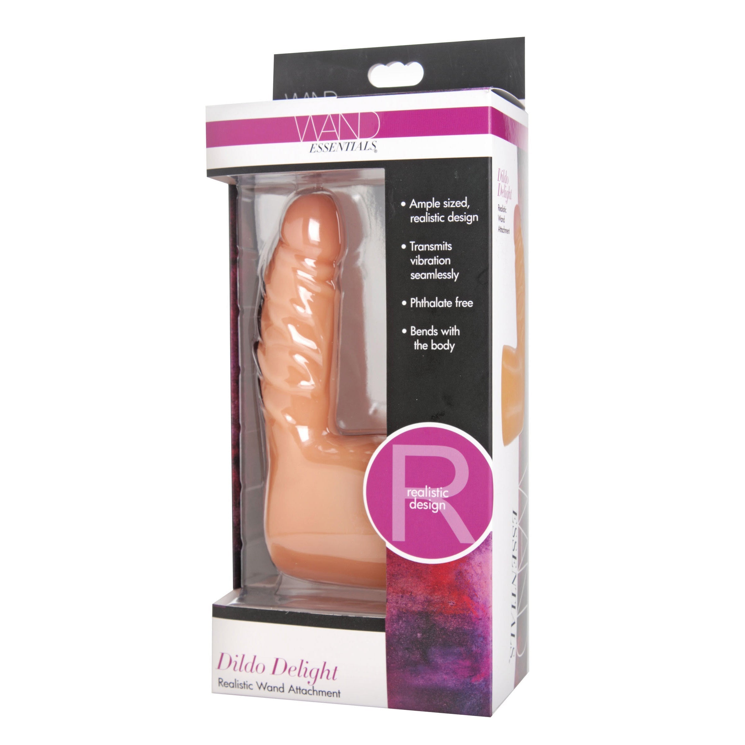 Packaged realistic wand attachment with penis design