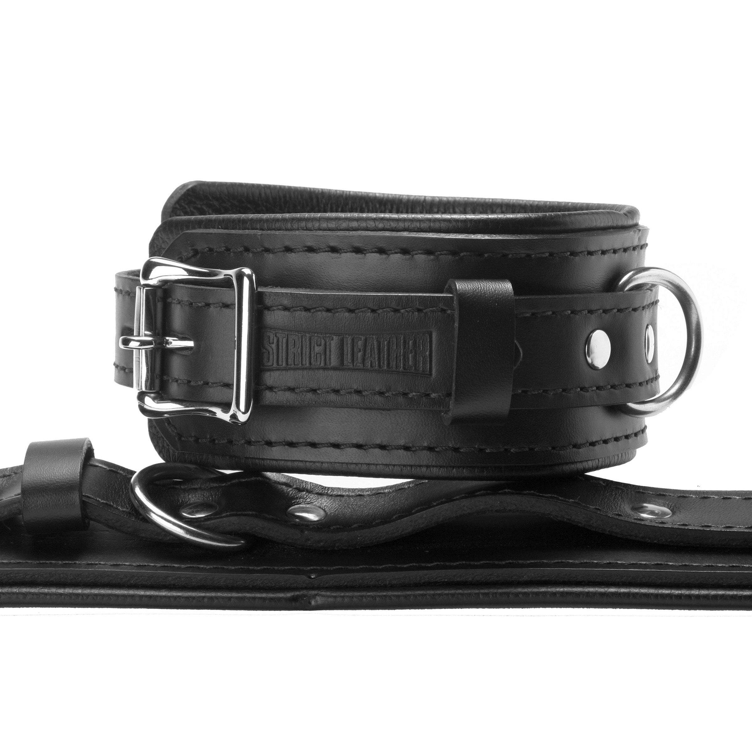 Adjustable black leather bondage collar with twin buckle closures