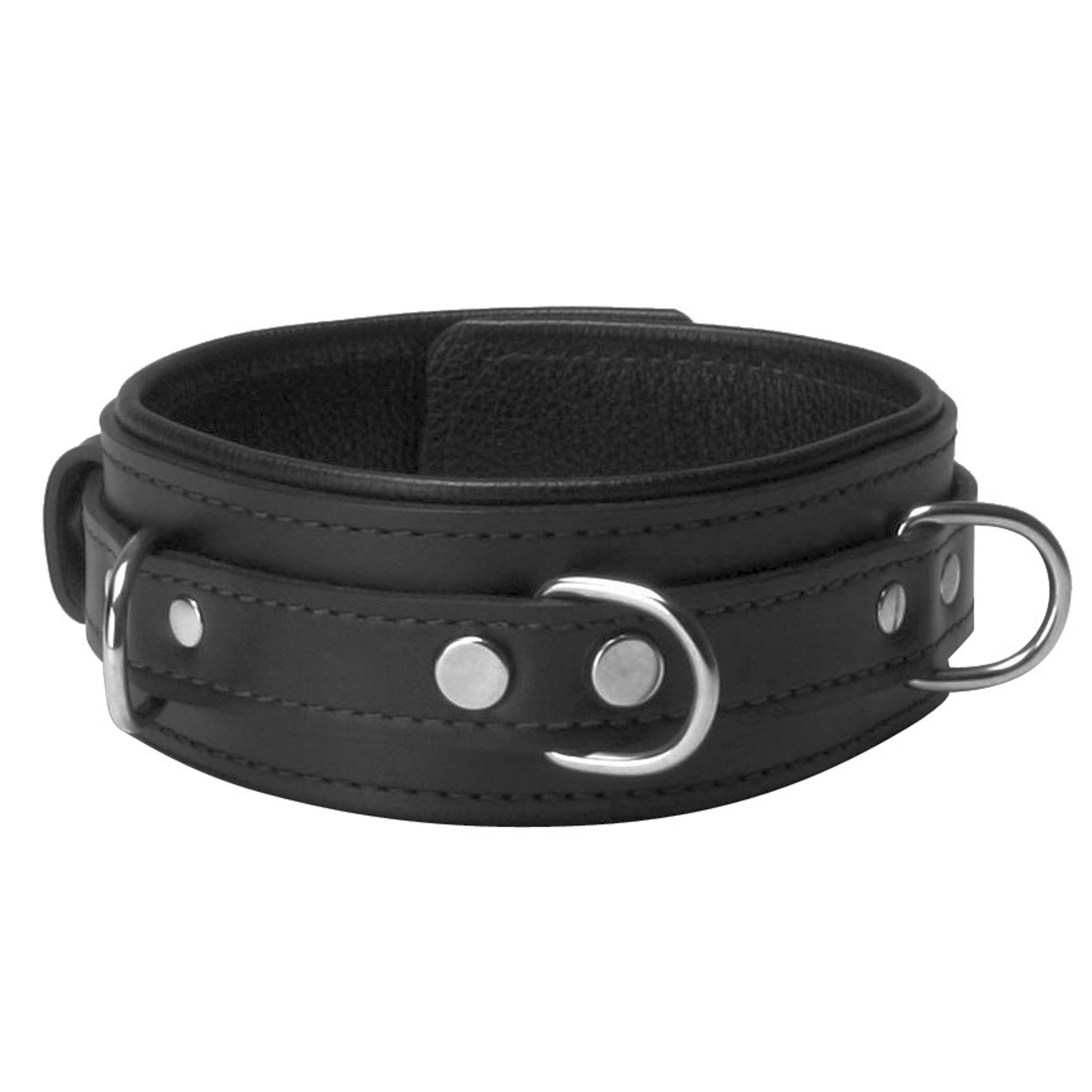 Elegant black leather bondage collar featuring dual metal D-rings