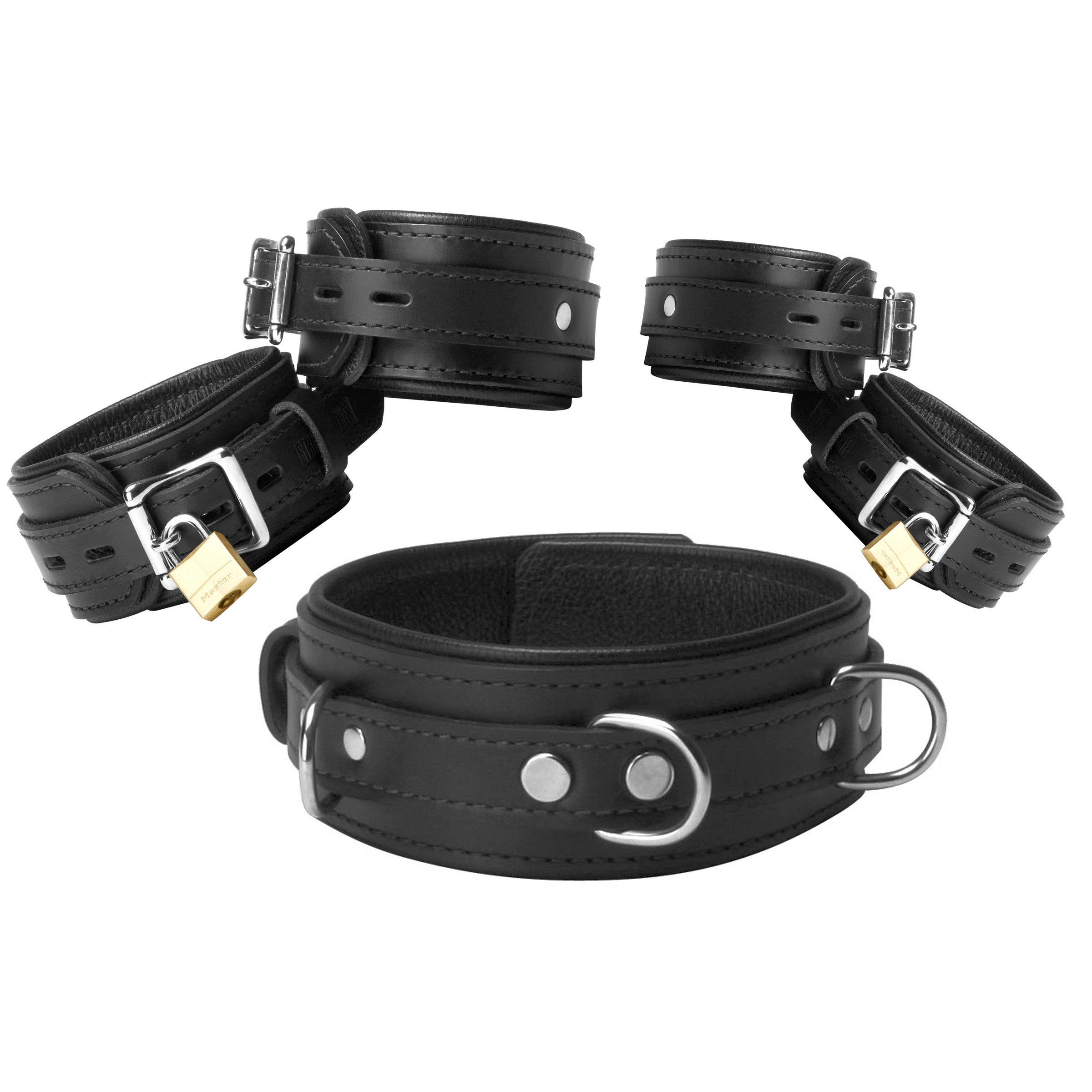 Complete black leather bondage kit showcasing metal ring embellishments