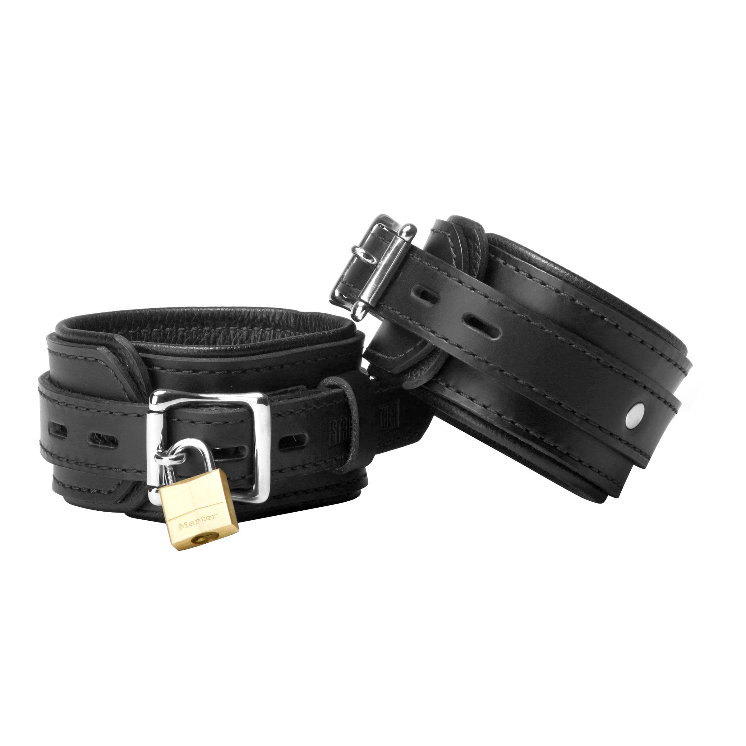 Pair of black leather wrist cuffs with matching padlock accents