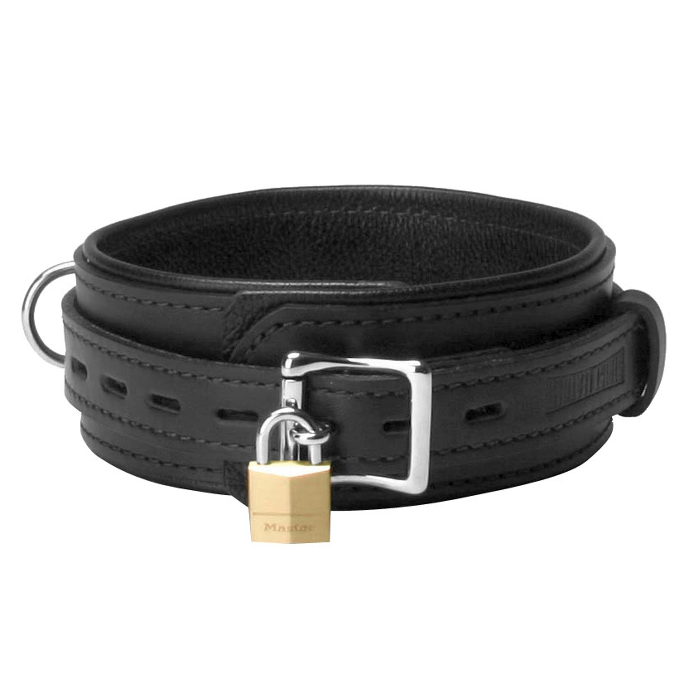 Premium black leather bondage collar with secure padlock detail