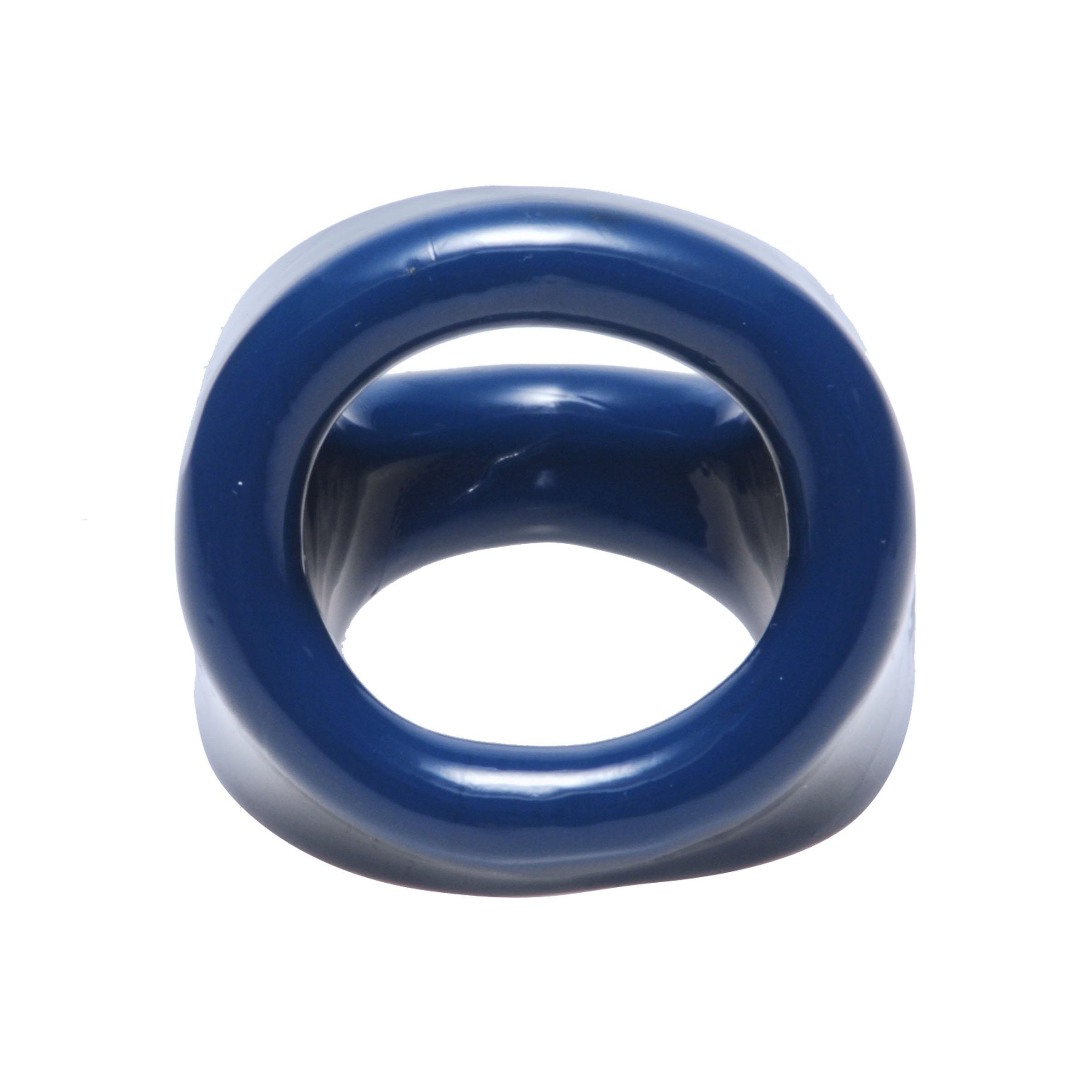 Close-up of the blue Dual Cock and Ball Ring Erection Enhancer with central opening