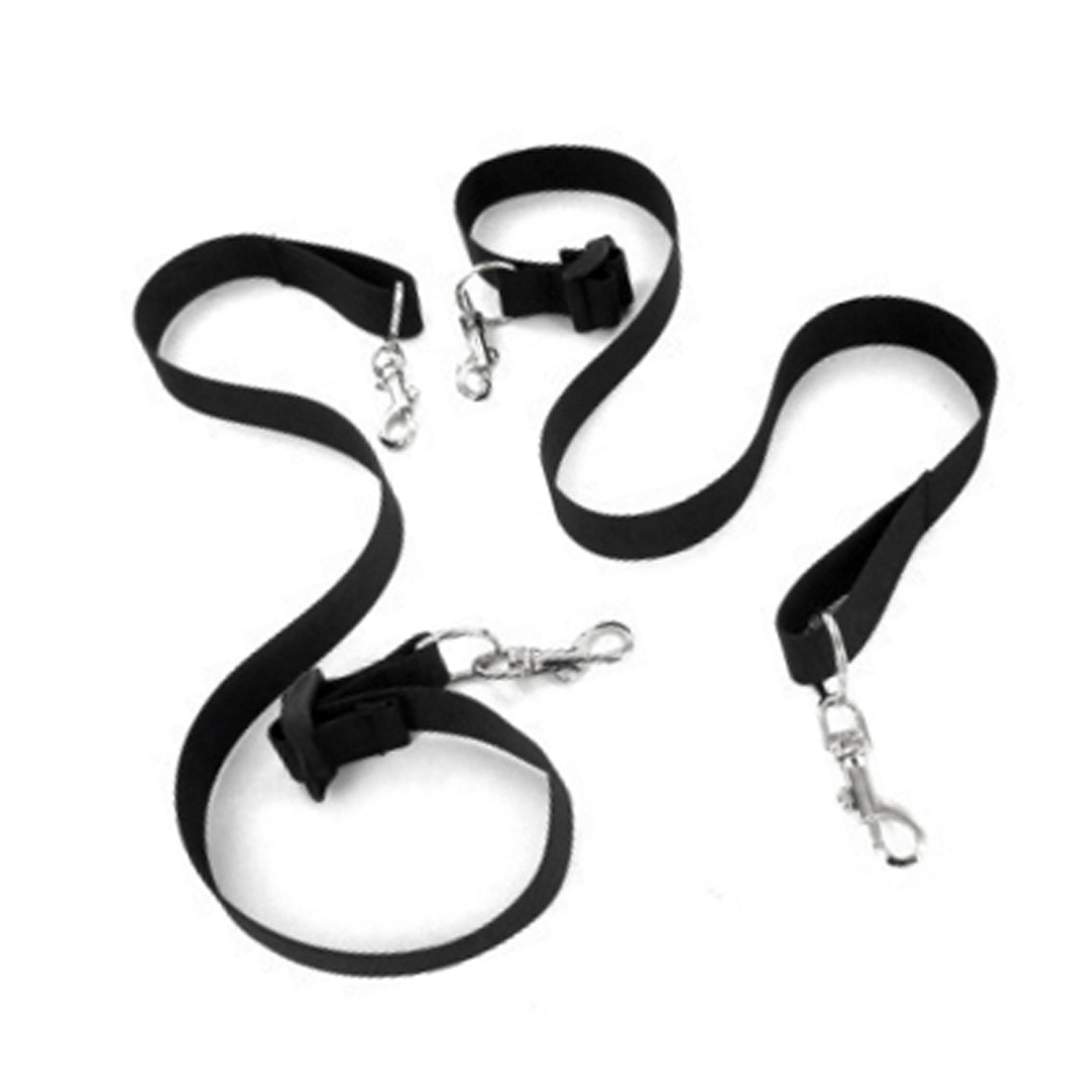 Set of two sturdy black leashes with metal clasps for pet restraint play