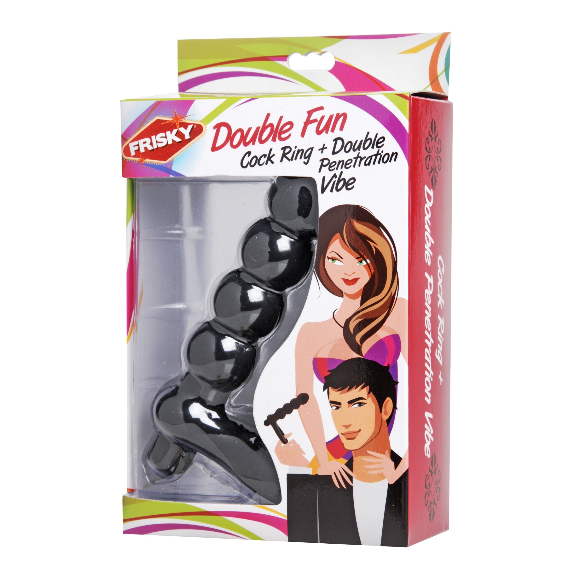 Packaging of the Double Fun Cock Ring with Double Penetration feature