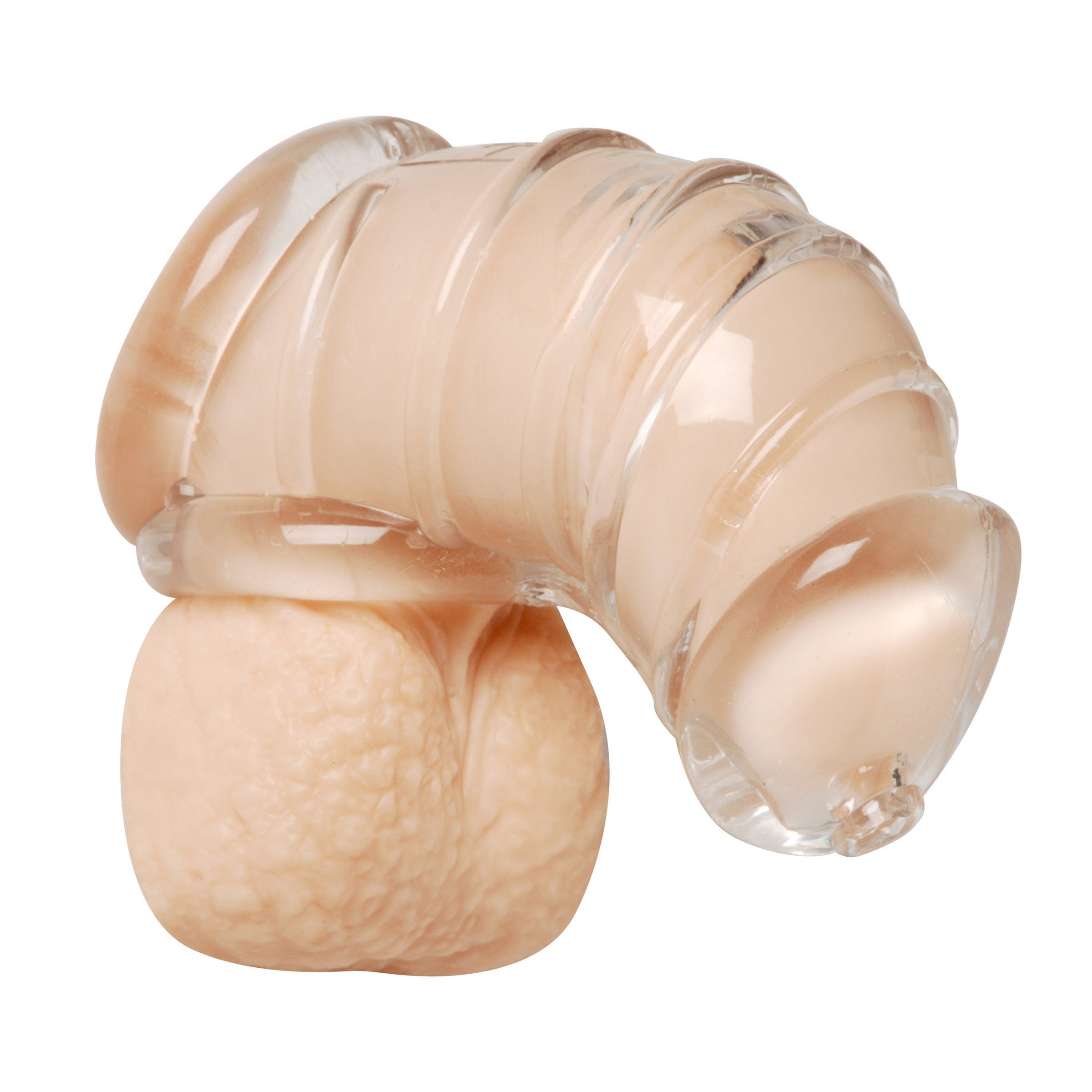 Transparent silicone chastity device with internal texture