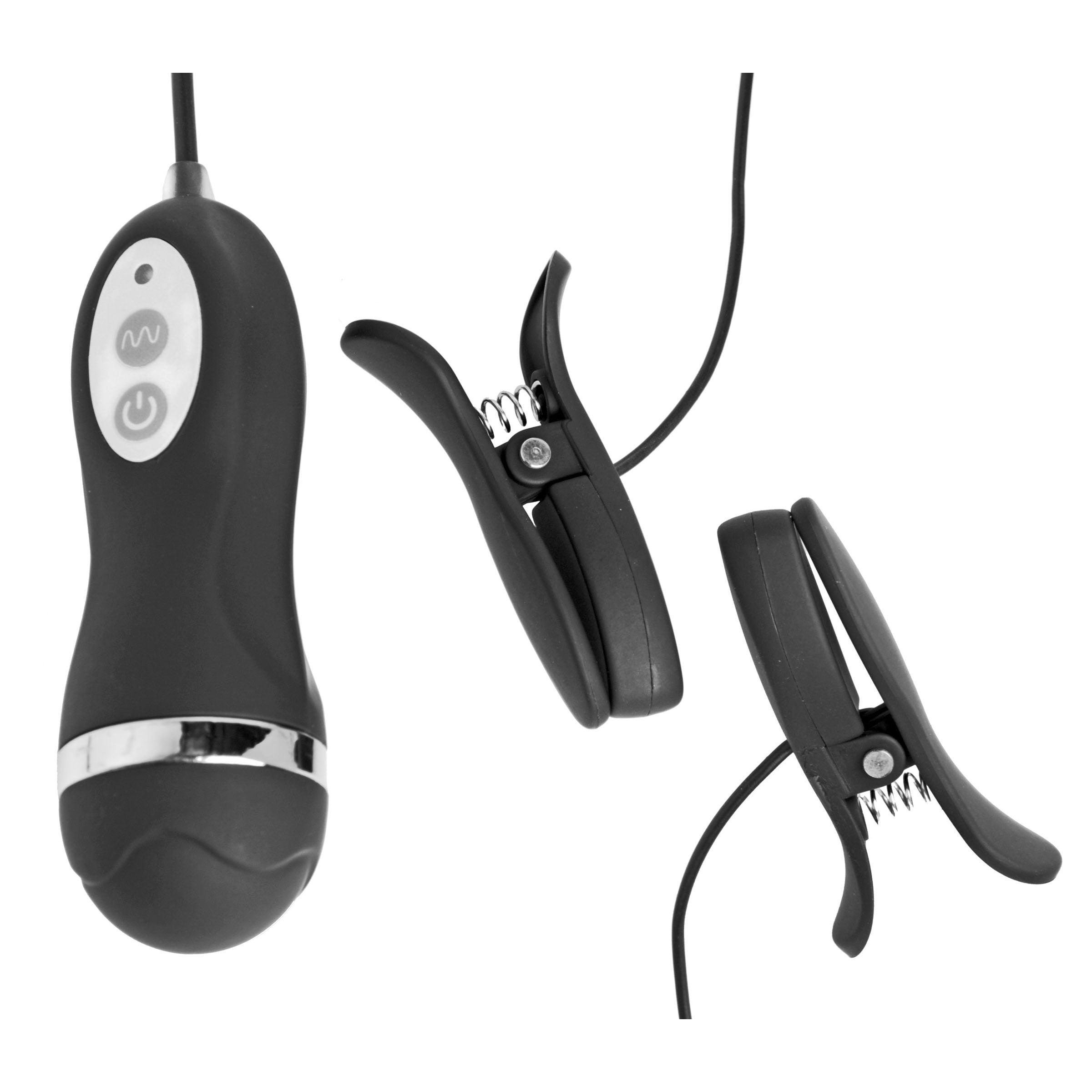 A close-up view of the Power Pinchers 10 Mode Vibrating Nipple Clamps with remote control