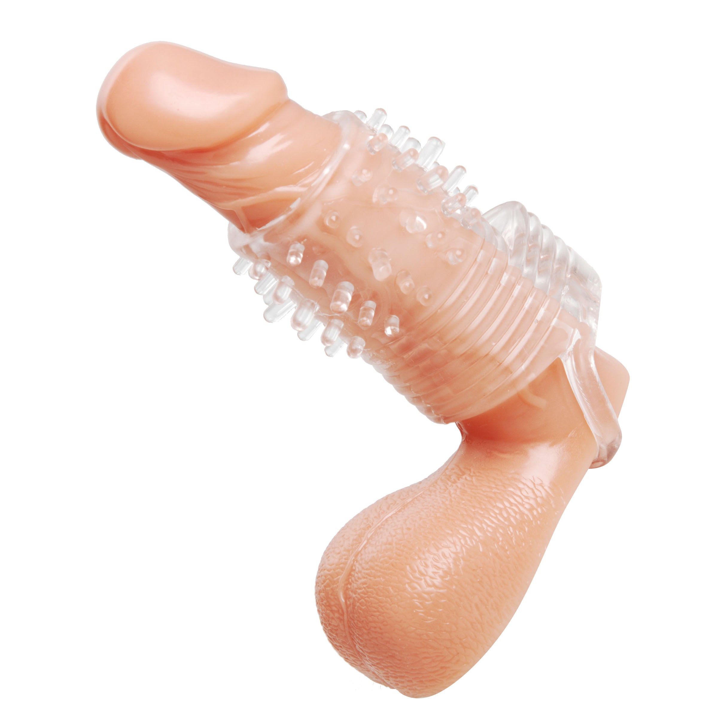 Transparent vibrating textured sleeve designed for male enhancement