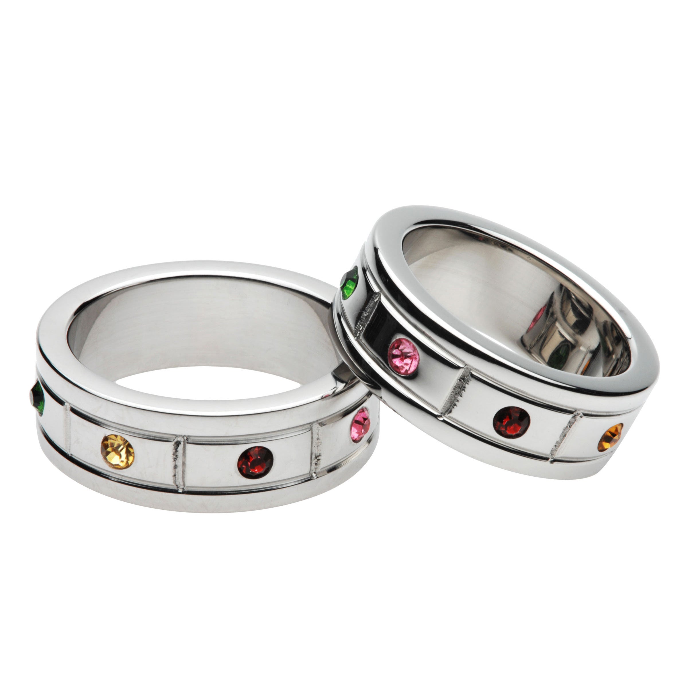 A pair of 1.95-inch cock rings adorned with colorful jewels displayed side by side