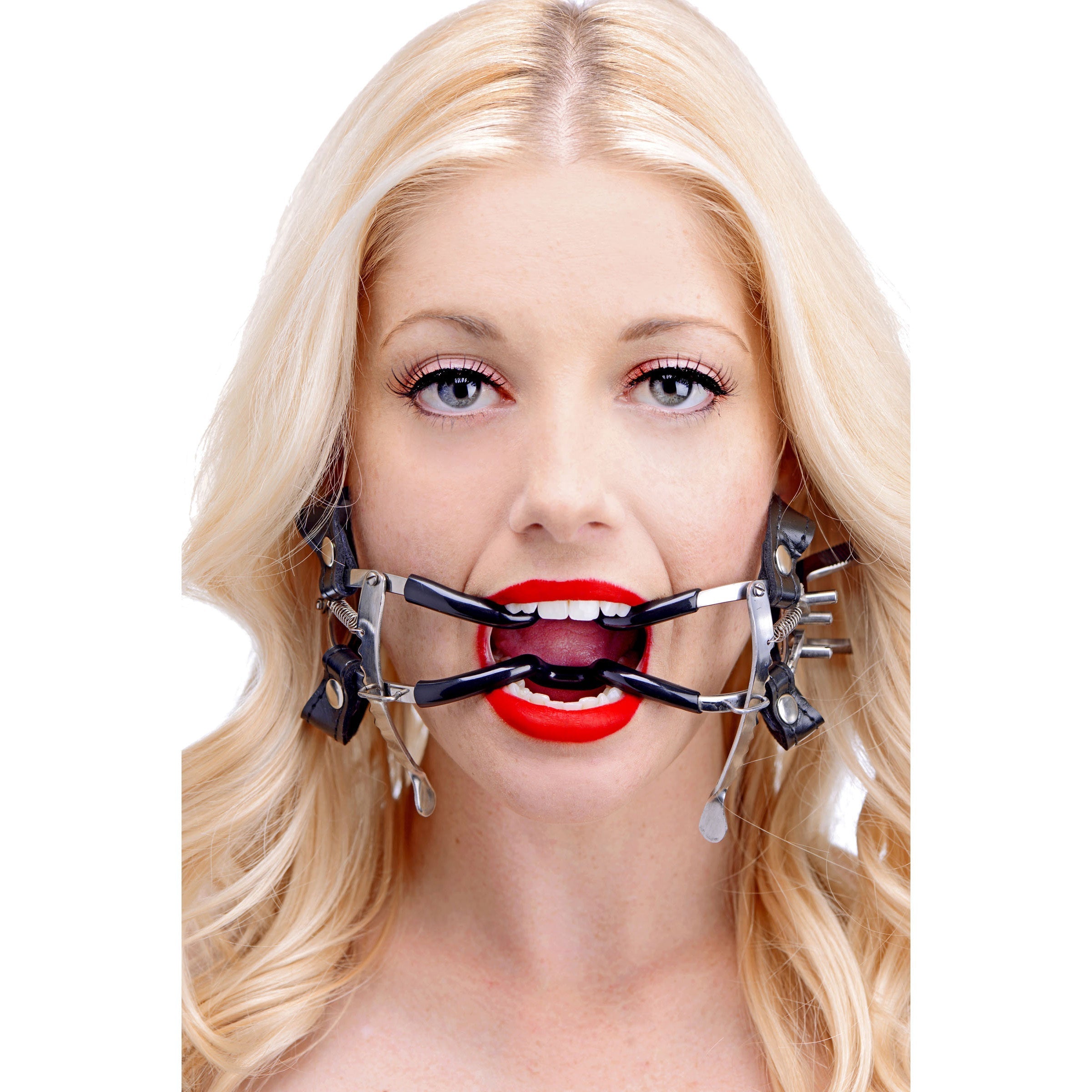 Ratchet style Jennings mouth gag with strap displayed on a white background