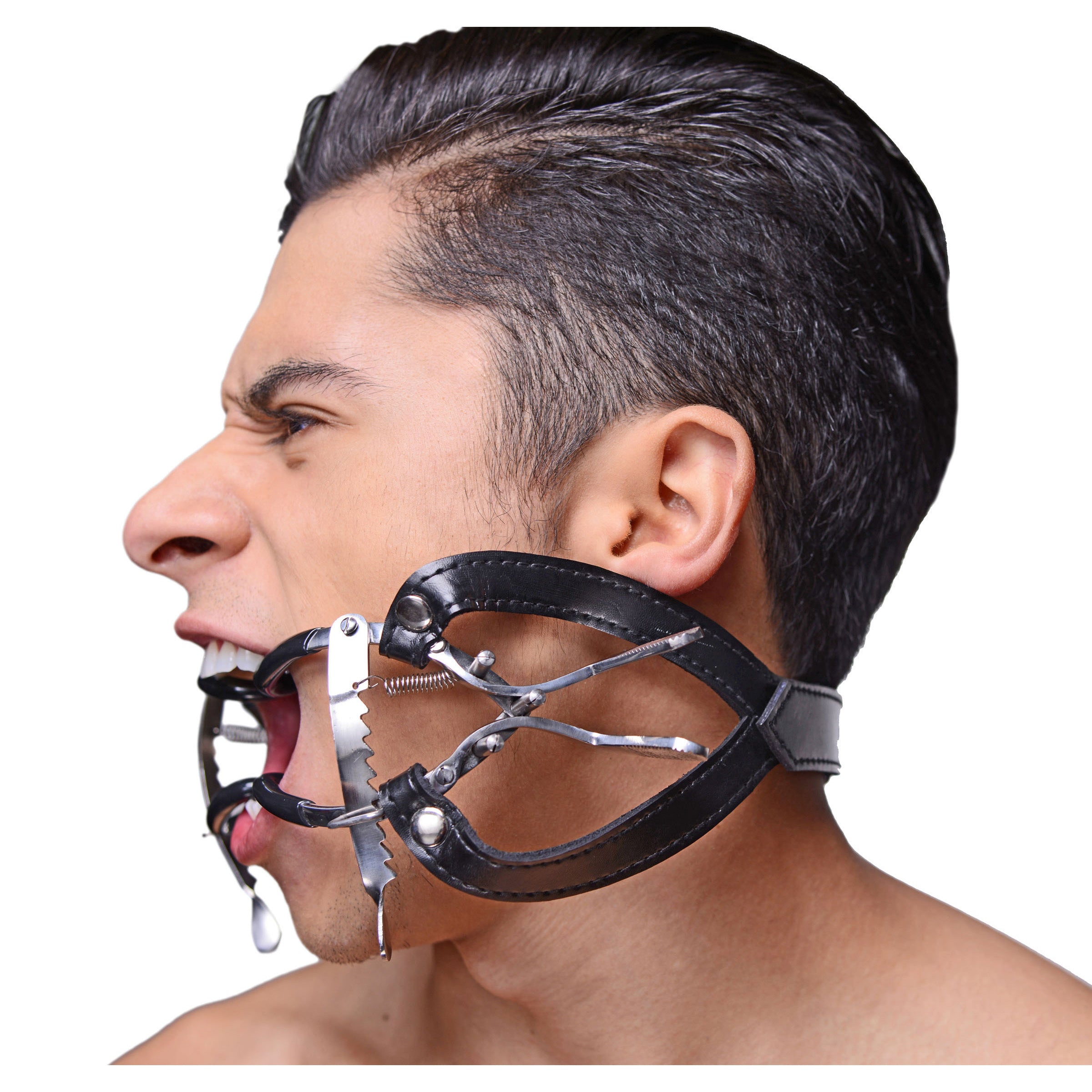 Detailed view of the metal components of a Jennings mouth gag with ratchet style mechanism