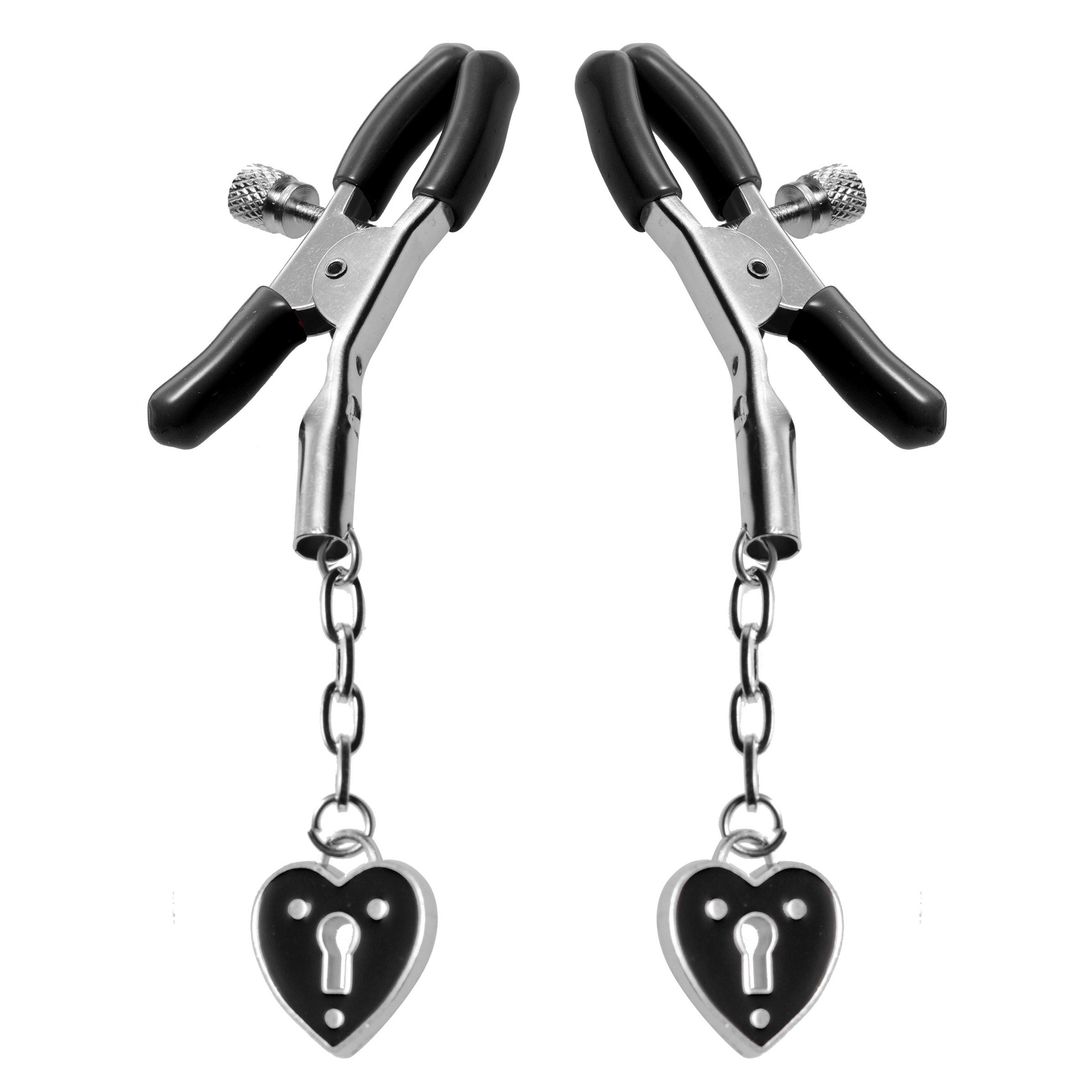 Elegant silver and black nipple clamps with heart padlock design