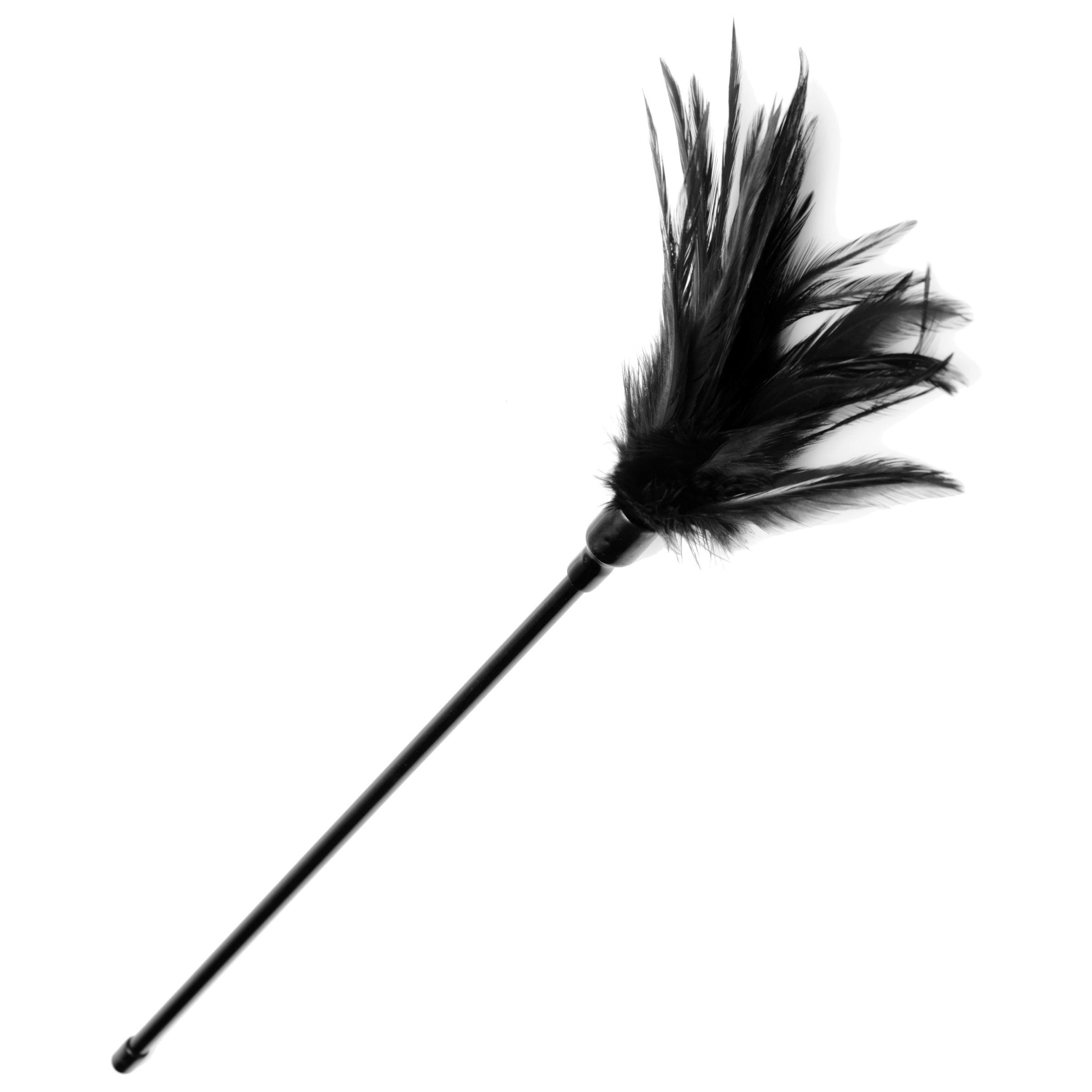 A black feather tickler from the Hog Tie Bondage Kit against a white backdrop