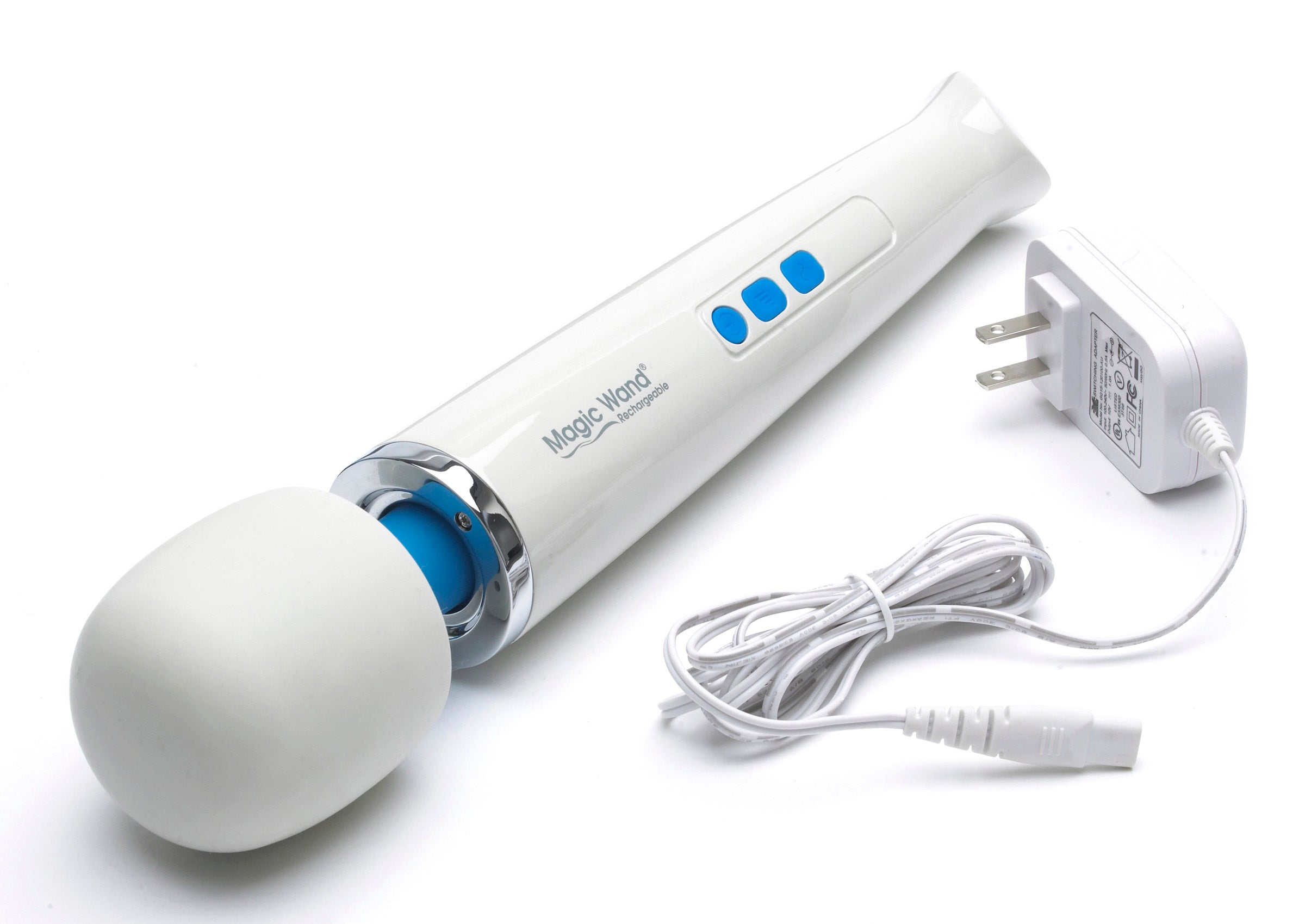 Magic Wand Rechargeable Massager with its power cord displayed