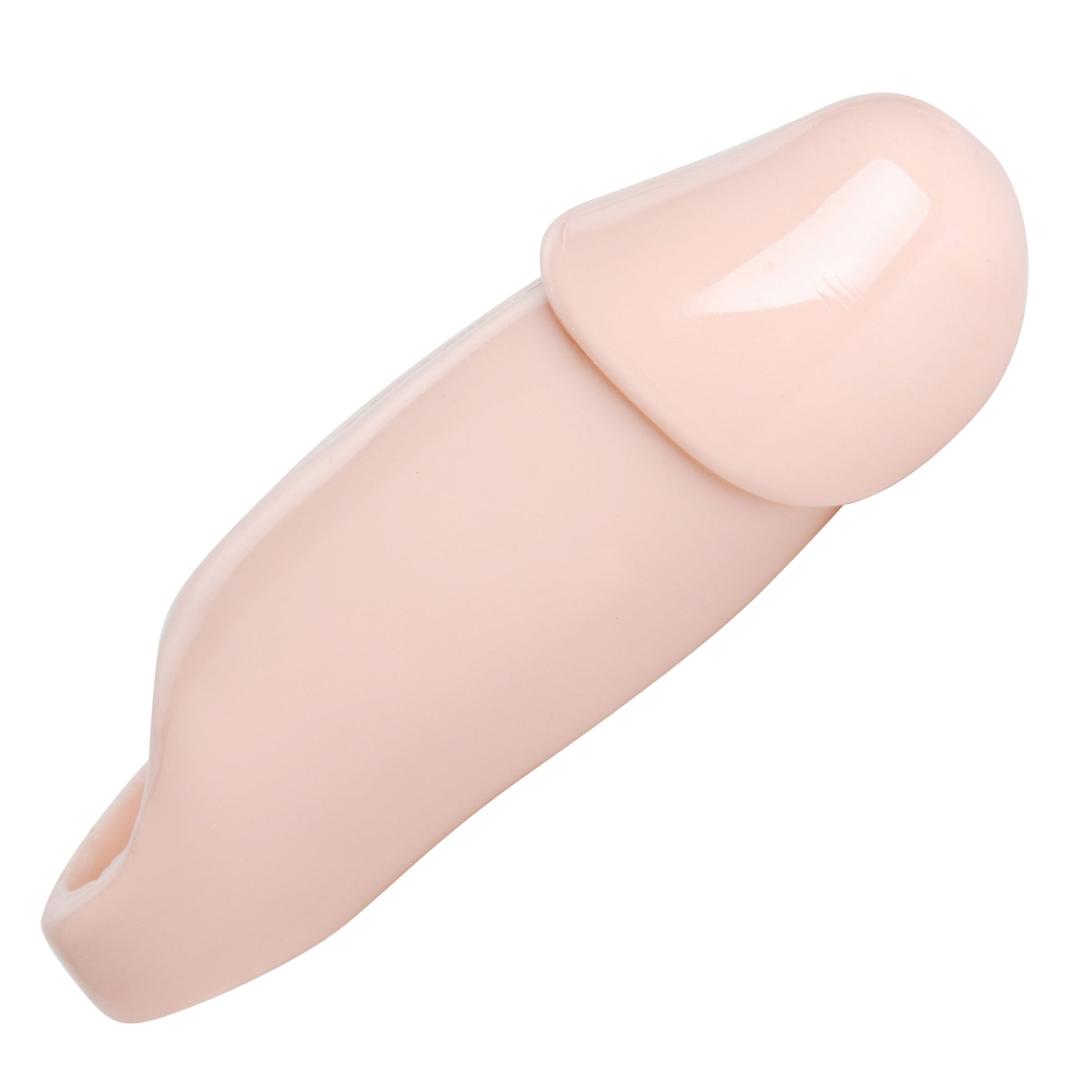 Close-up view of the beige penis enhancer sheath's tip with an entry hole