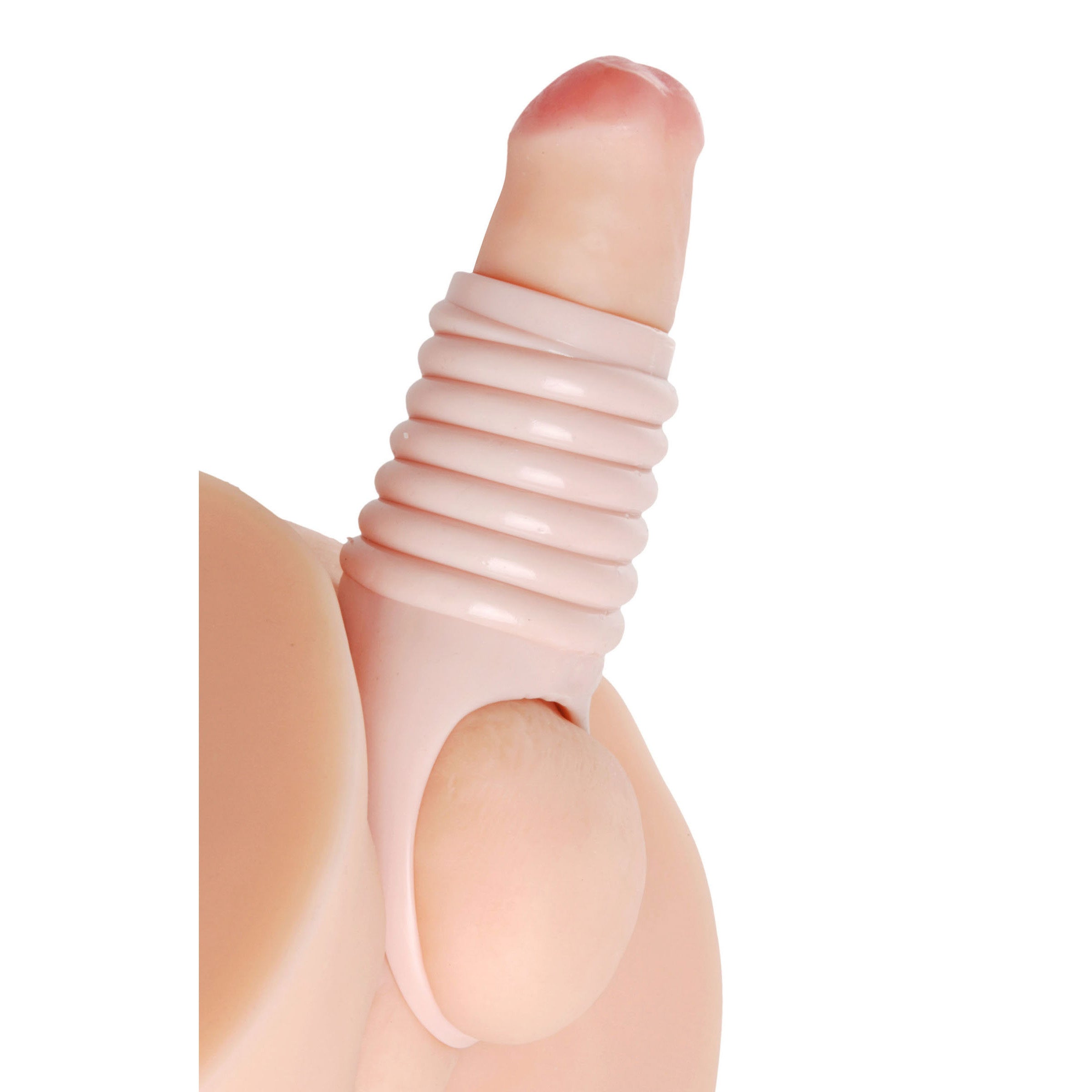 Close-up view of the ribbed texture on a penis enhancer sheath